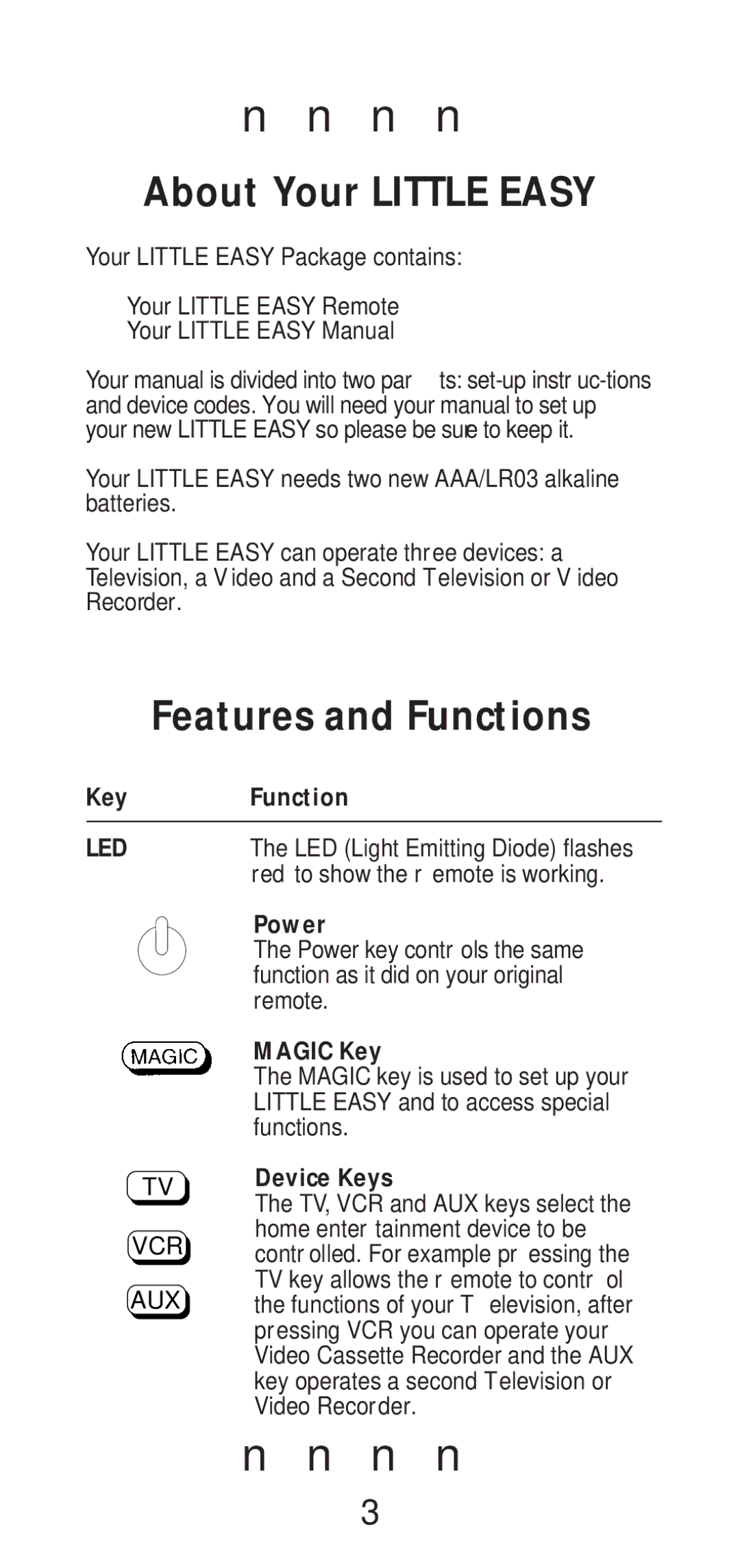 One for All manual About Your Little Easy, Features and Functions 