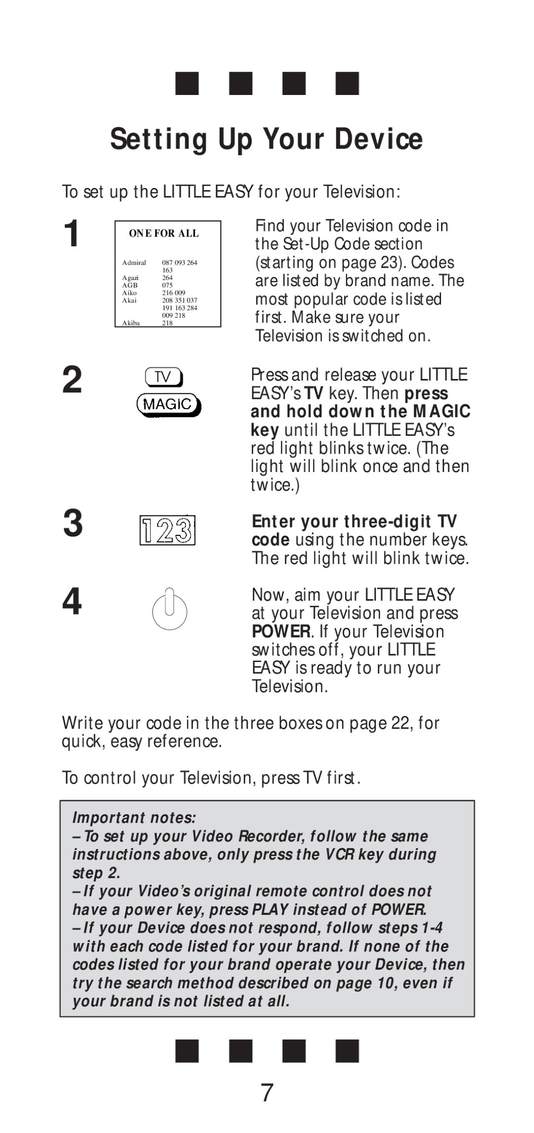 One for All manual Setting Up Your Device, To set up the Little Easy for your Television 