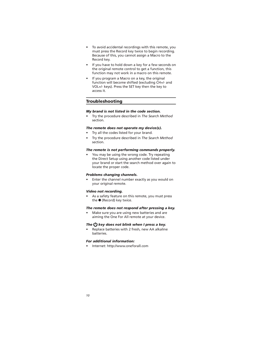 One for All OARC03G, OARH01B warranty Troubleshooting 