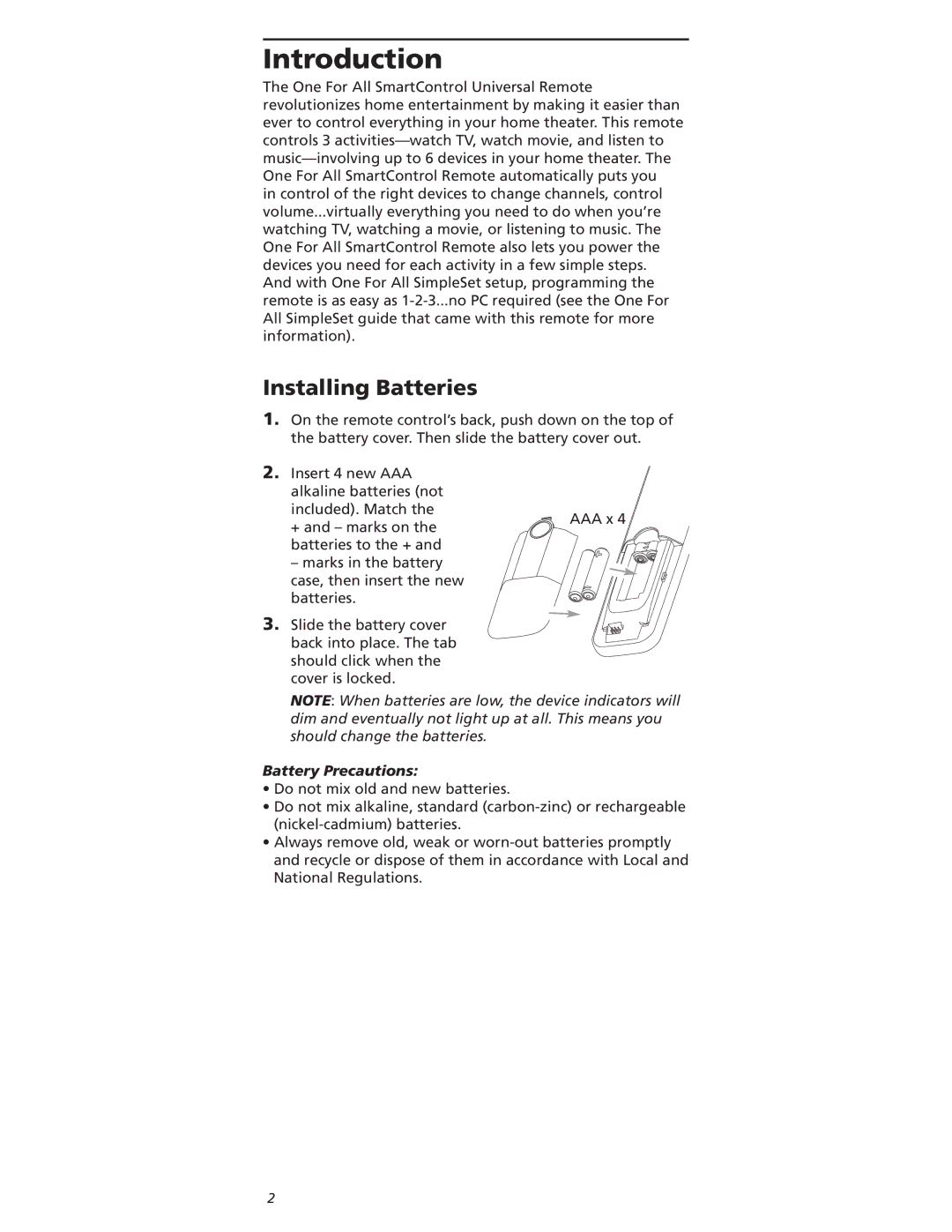 One for All OARI06G warranty Ntroduction, Nstalling Atteries, Battery Precautions 