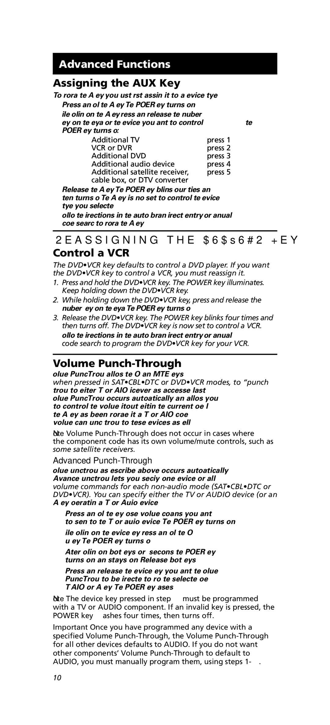 One for All OARN05G warranty Advanced Functions, Assigning the AUX Key, Reassigning the Dvdvcr Key to Control a VCR 