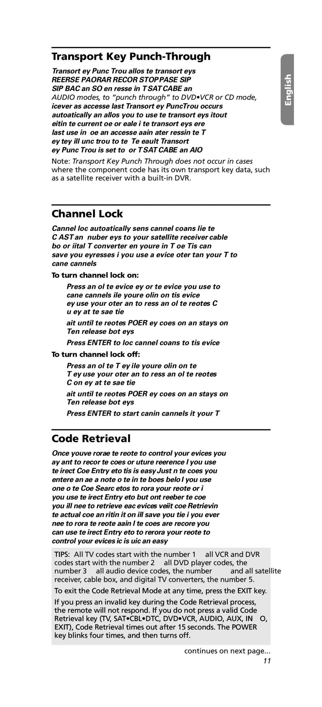 One for All OARN05G warranty Transport Key Punch-Through, Channel Lock, Code Retrieval, To turn channel lock on 