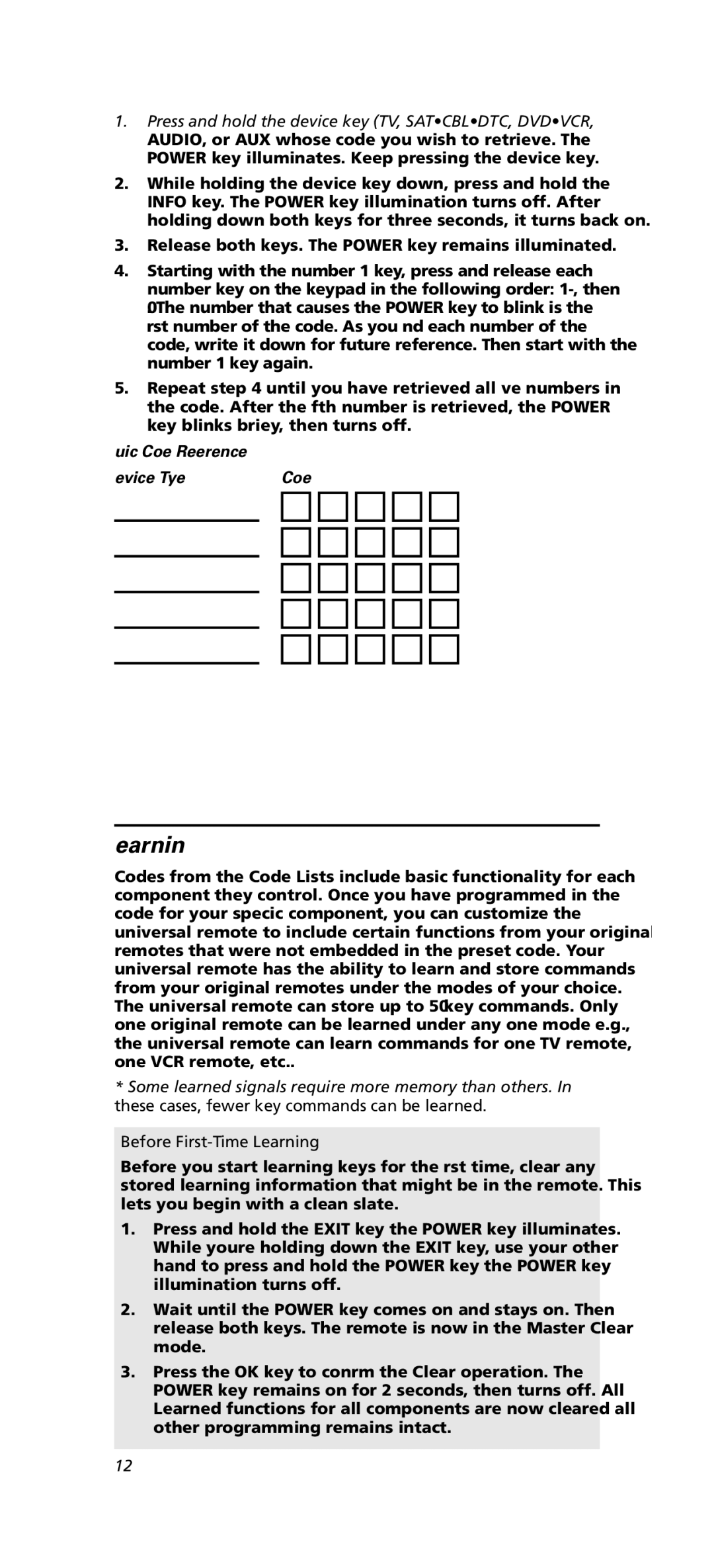 One for All OARN05G warranty Quick Code Reference Device Type, Before First-Time Learning 