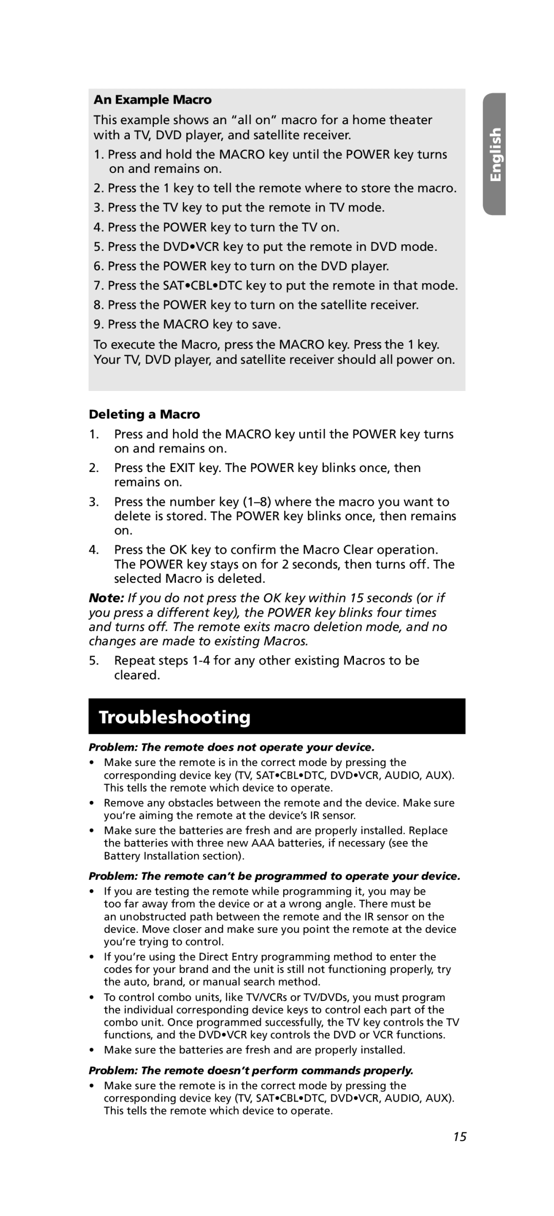 One for All OARN05G warranty Troubleshooting, An Example Macro, Deleting a Macro 