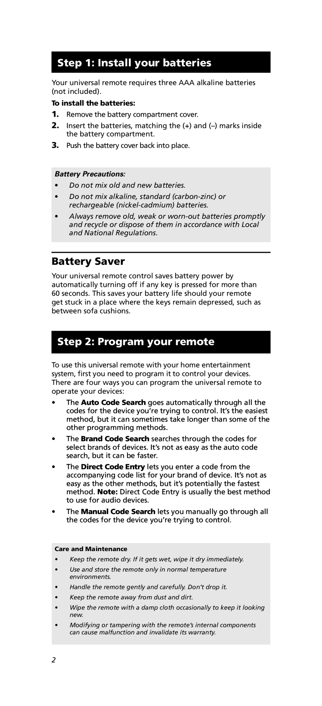 One for All OARN05G warranty Install your batteries, Battery Saver, Program your remote, To install the batteries 