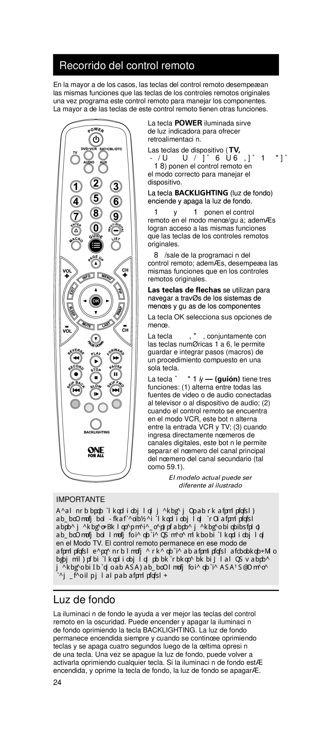 One for All OARN05G warranty Recorrido del control remoto, Luz de fondo 