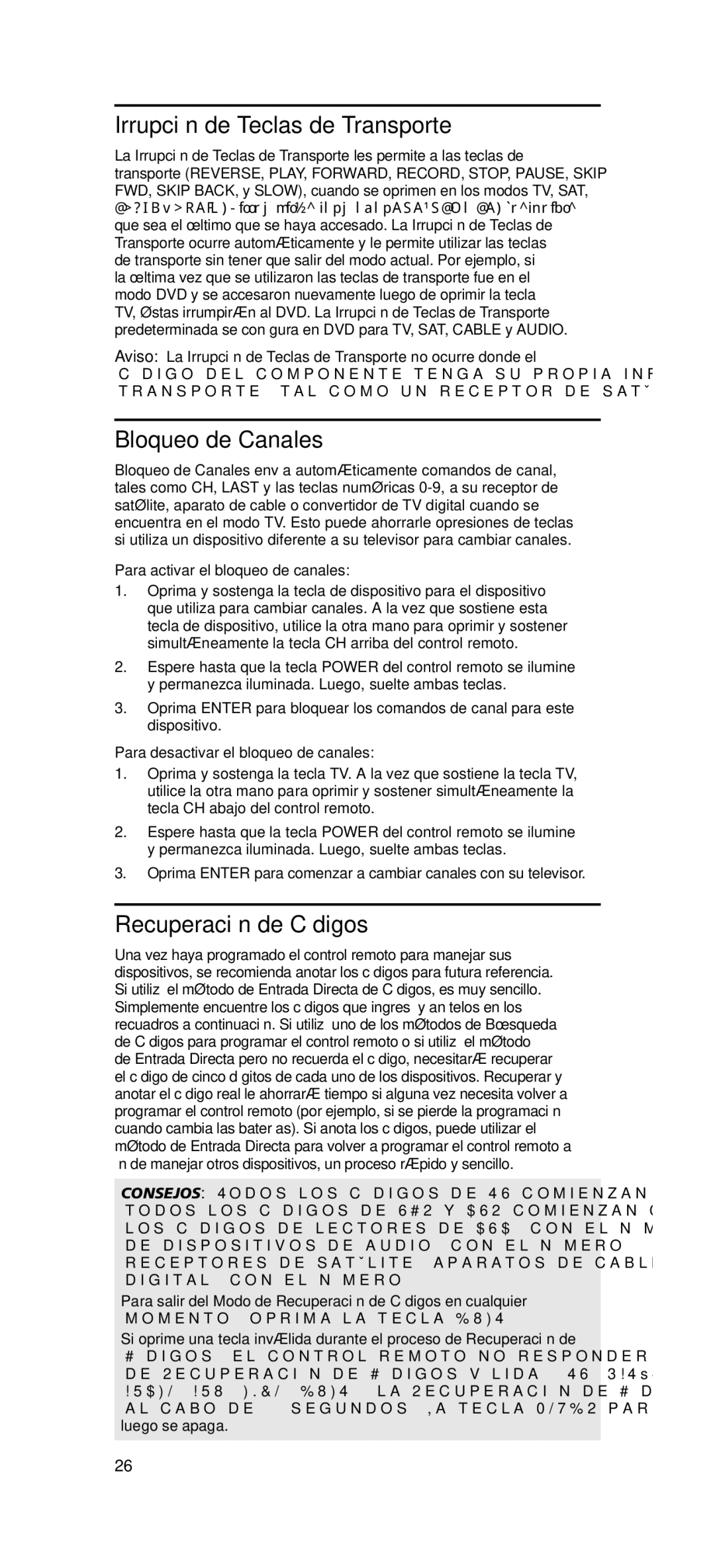 One for All OARN05G warranty Irrupción de Teclas de Transporte, Bloqueo de Canales, Recuperación de Códigos 