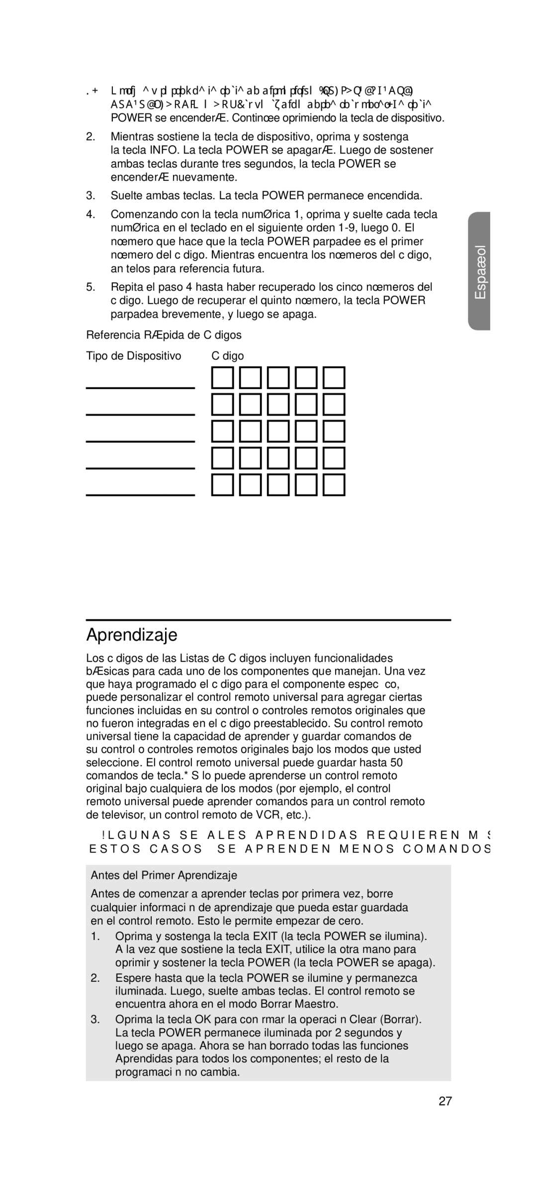 One for All OARN05G warranty Referencia Rápida de Códigos Tipo de Dispositivo Código, Antes del Primer Aprendizaje 