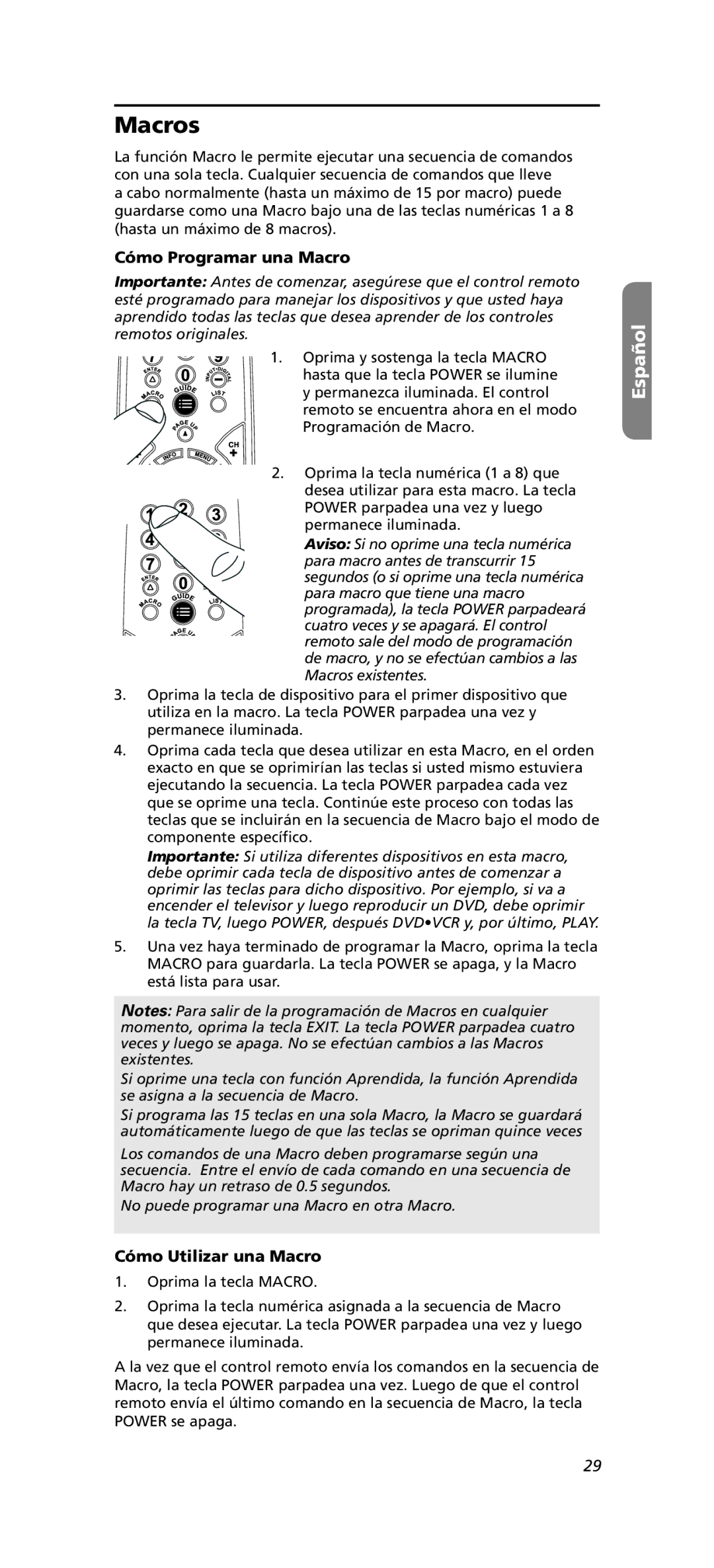 One for All OARN05G warranty Cómo Programar una Macro, Cómo Utilizar una Macro 