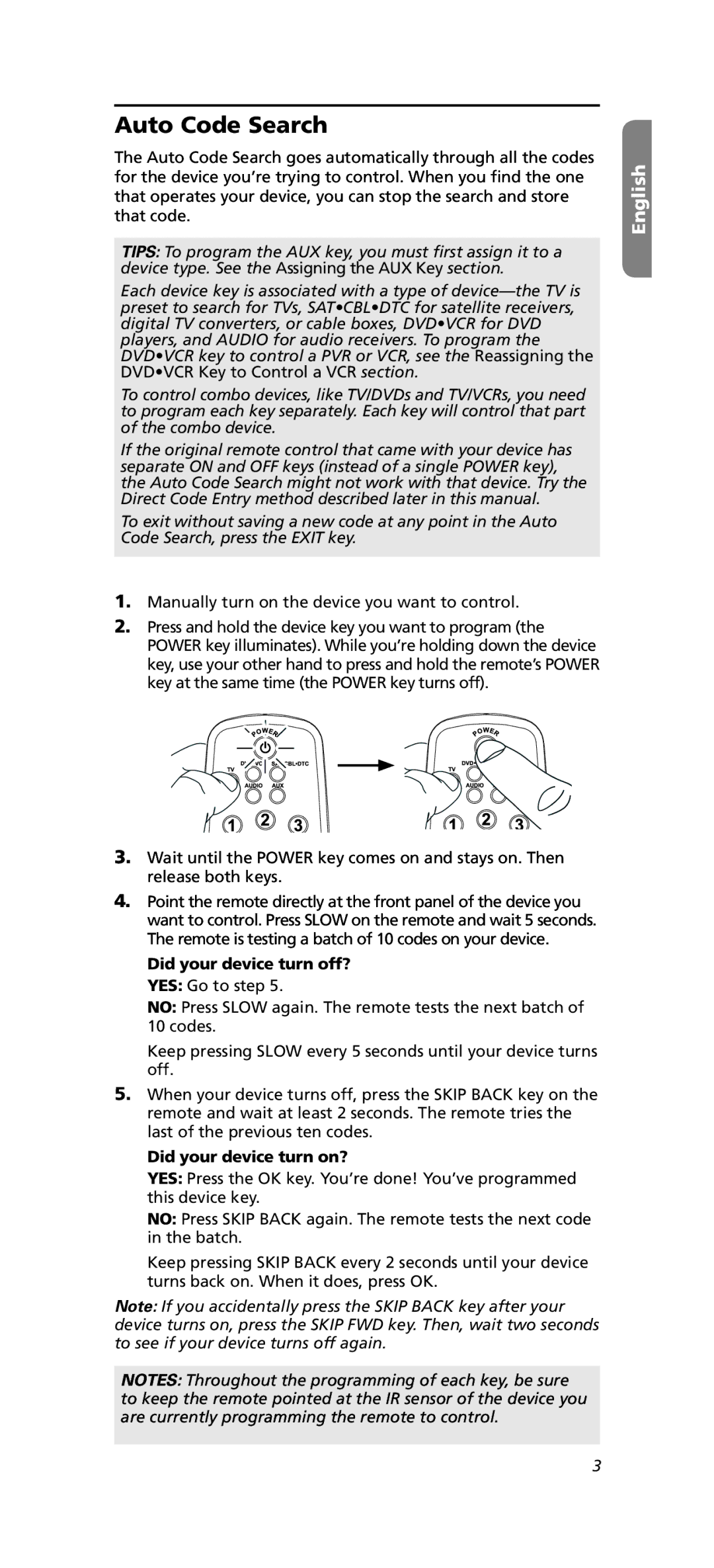 One for All OARN05G warranty Auto Code Search, Did your device turn off? YES Go to step, Did your device turn on? 