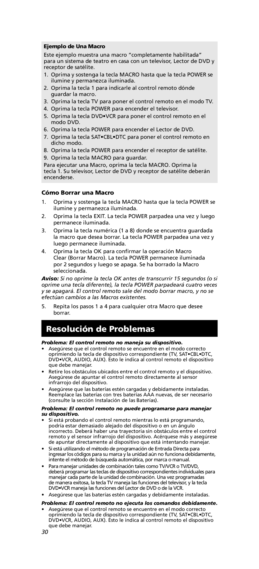 One for All OARN05G warranty Resolución de Problemas, Ejemplo de Una Macro, Cómo Borrar una Macro 