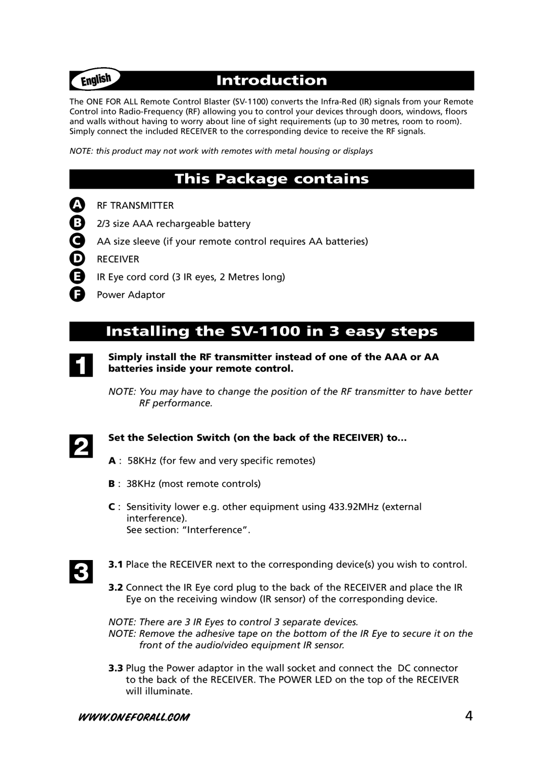 One for All manual Introduction, This Package contains, Installing the SV-1100 in 3 easy steps 