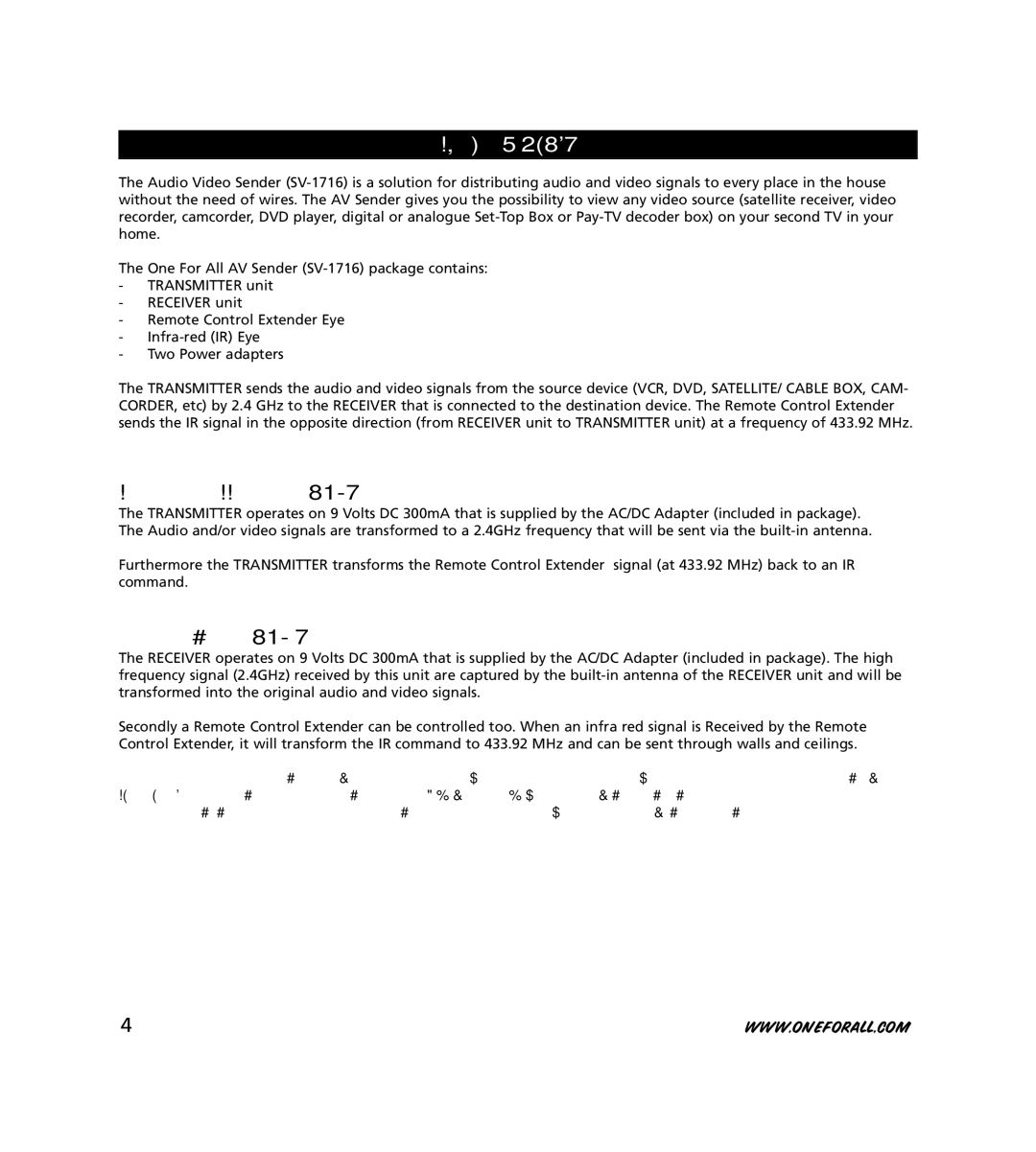 One for All SV-1716 instruction manual Product, Transmitter unit, Receiver unit 