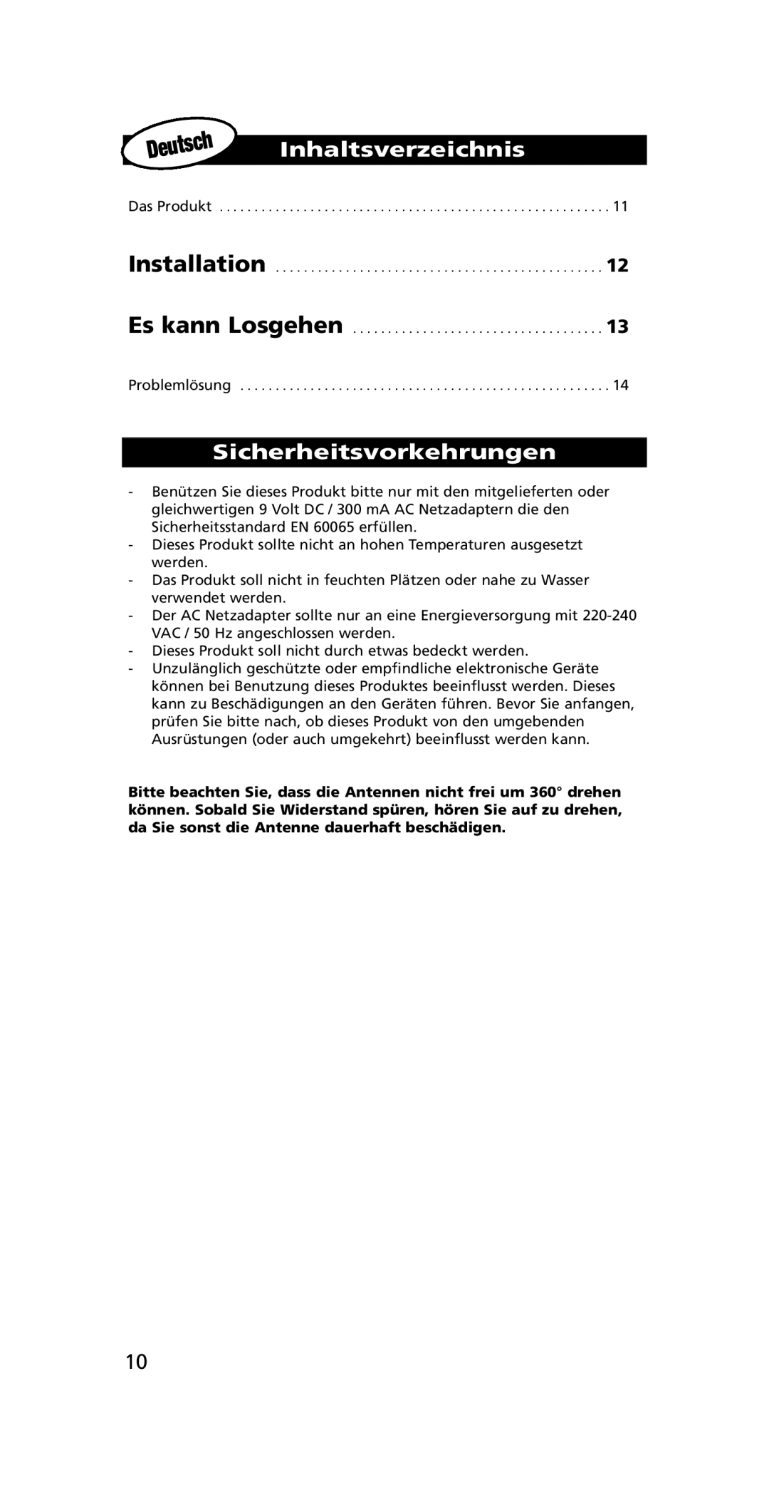 One for All SV-1718, SV-1715 instruction manual Inhaltsverzeichnis, Sicherheitsvorkehrungen 