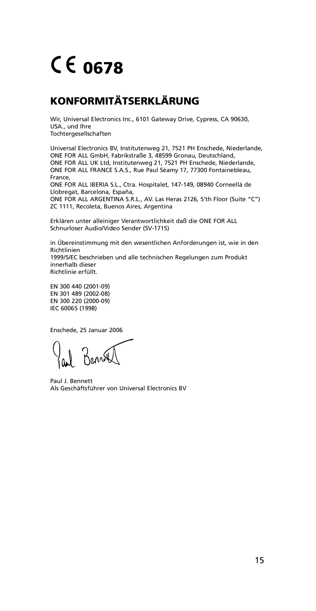 One for All SV-1715, SV-1718 instruction manual Konformitätserklärung 