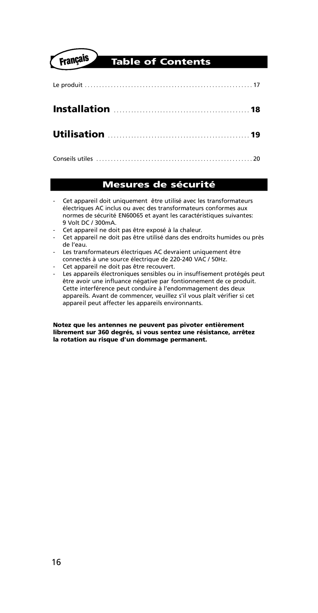 One for All SV-1718, SV-1715 instruction manual Installation Utilisation, Mesures de sécurité 