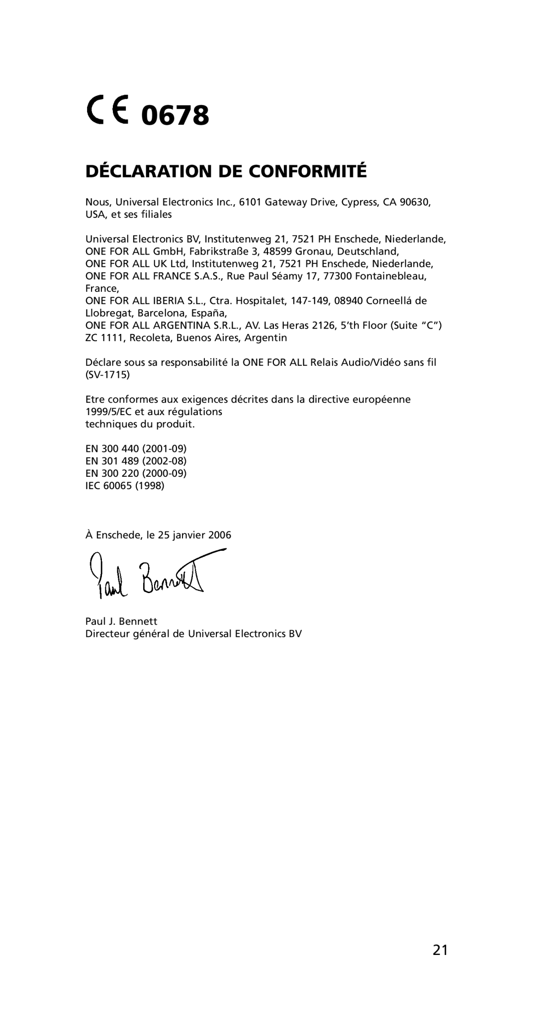 One for All SV-1715, SV-1718 instruction manual Déclaration DE Conformité 