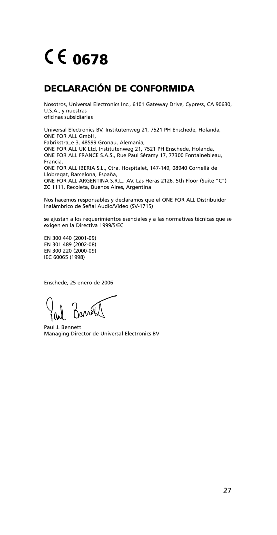 One for All SV-1715, SV-1718 instruction manual Declaración DE Conformida 