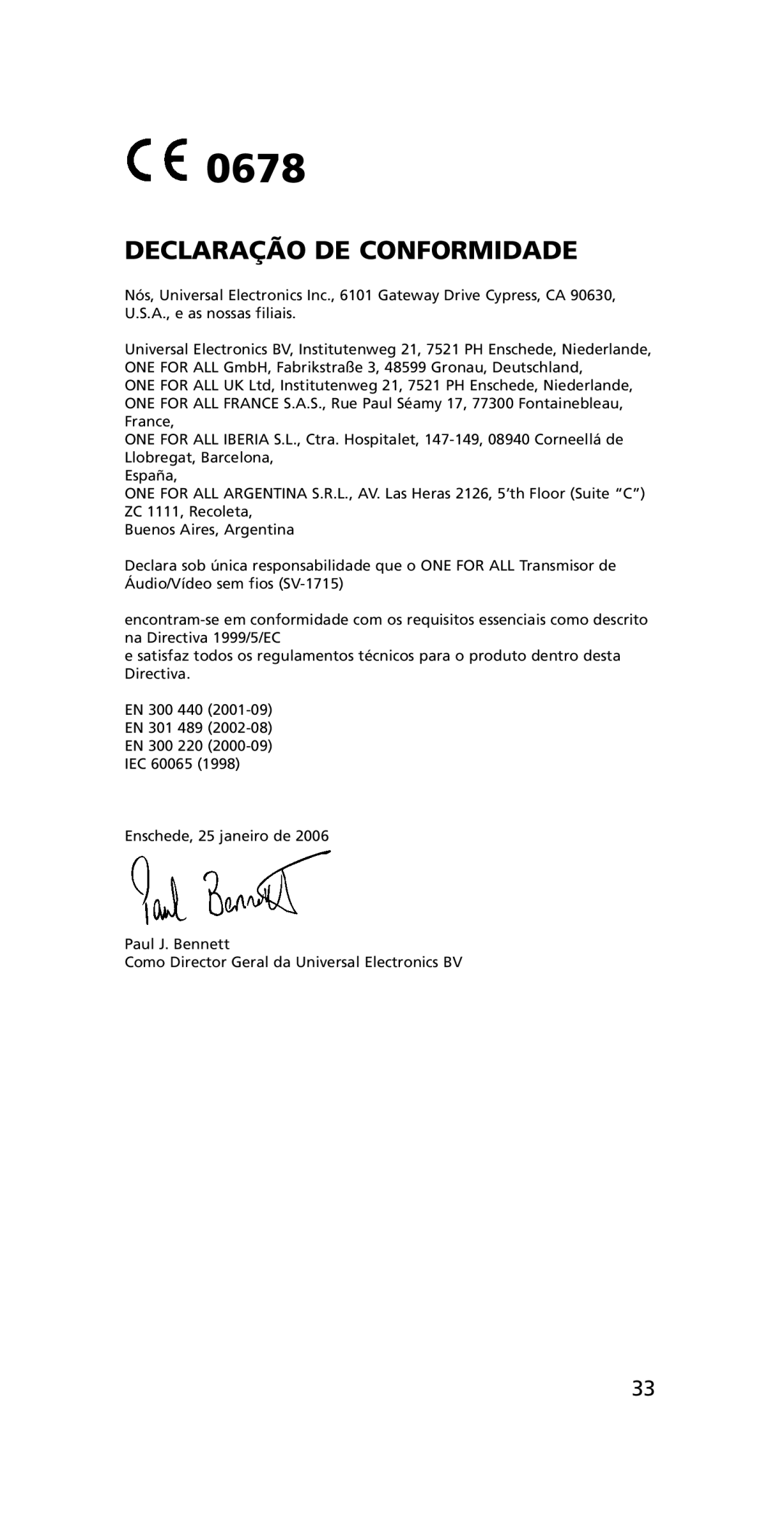 One for All SV-1715, SV-1718 instruction manual Declaração DE Conformidade 