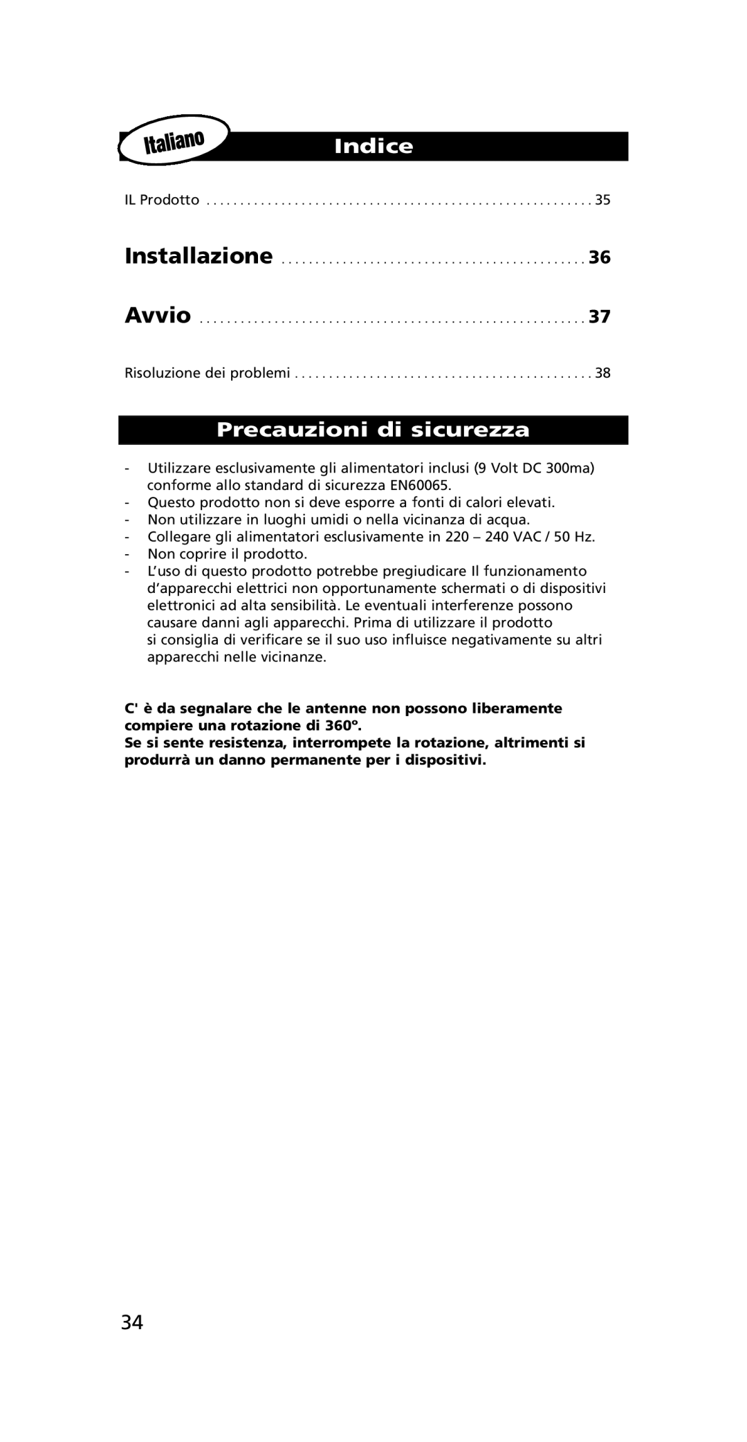 One for All SV-1718, SV-1715 instruction manual Indice, Precauzioni di sicurezza 