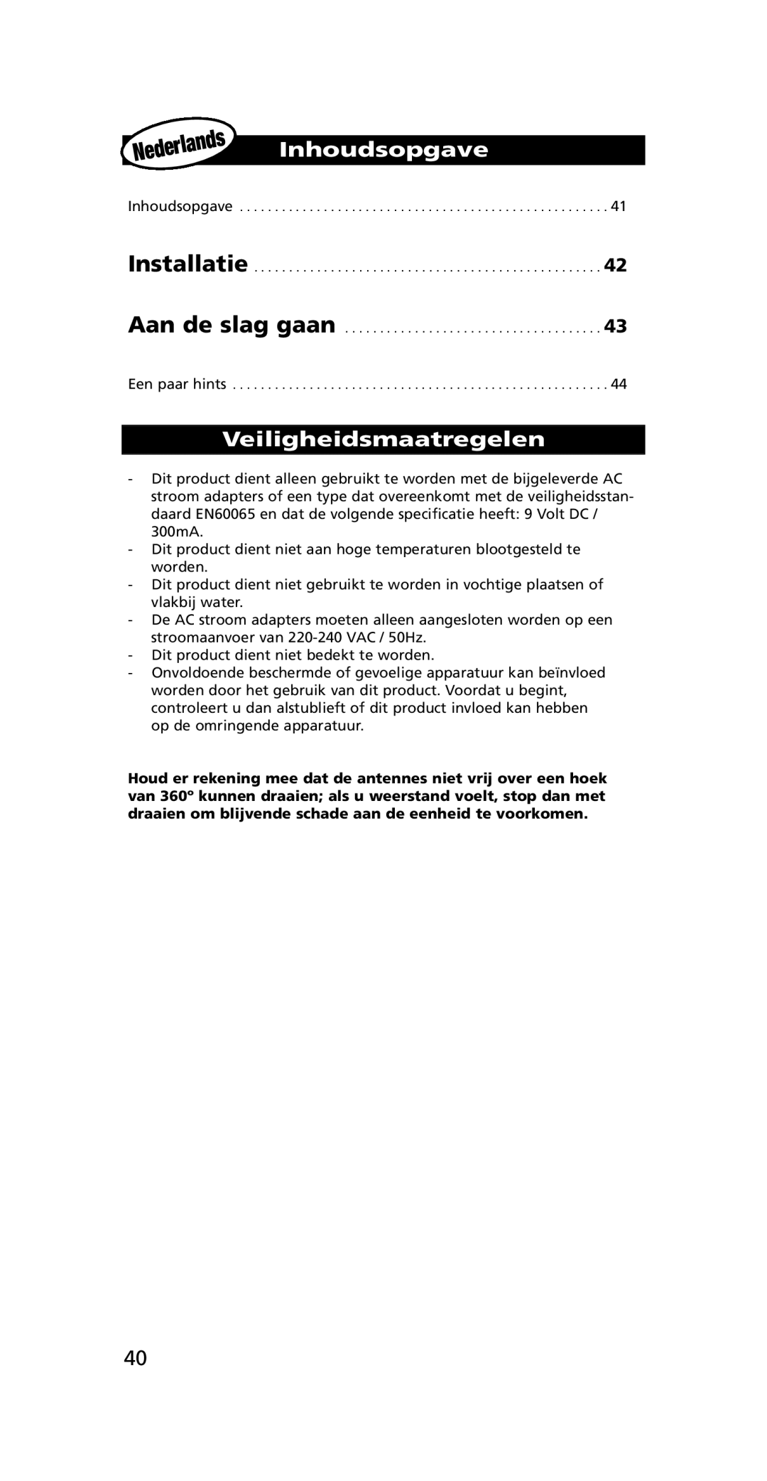 One for All SV-1718, SV-1715 instruction manual Inhoudsopgave, Veiligheidsmaatregelen 