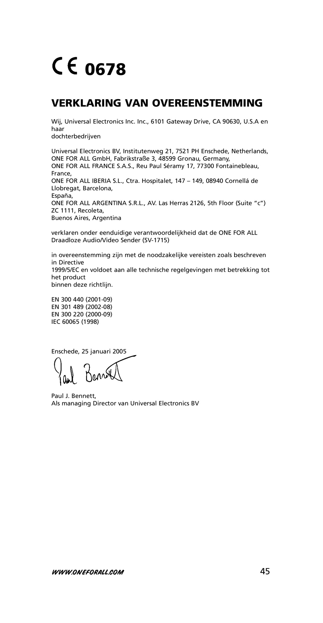 One for All SV-1715, SV-1718 instruction manual Verklaring VAN Overeenstemming 