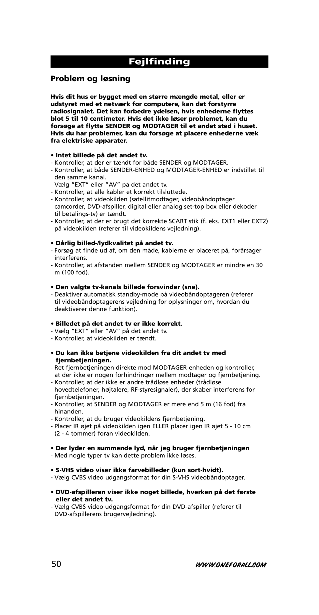 One for All SV-1718, SV-1715 instruction manual Fejlfinding, Problem og løsning, Dårlig billed-/lydkvalitet på andet tv 