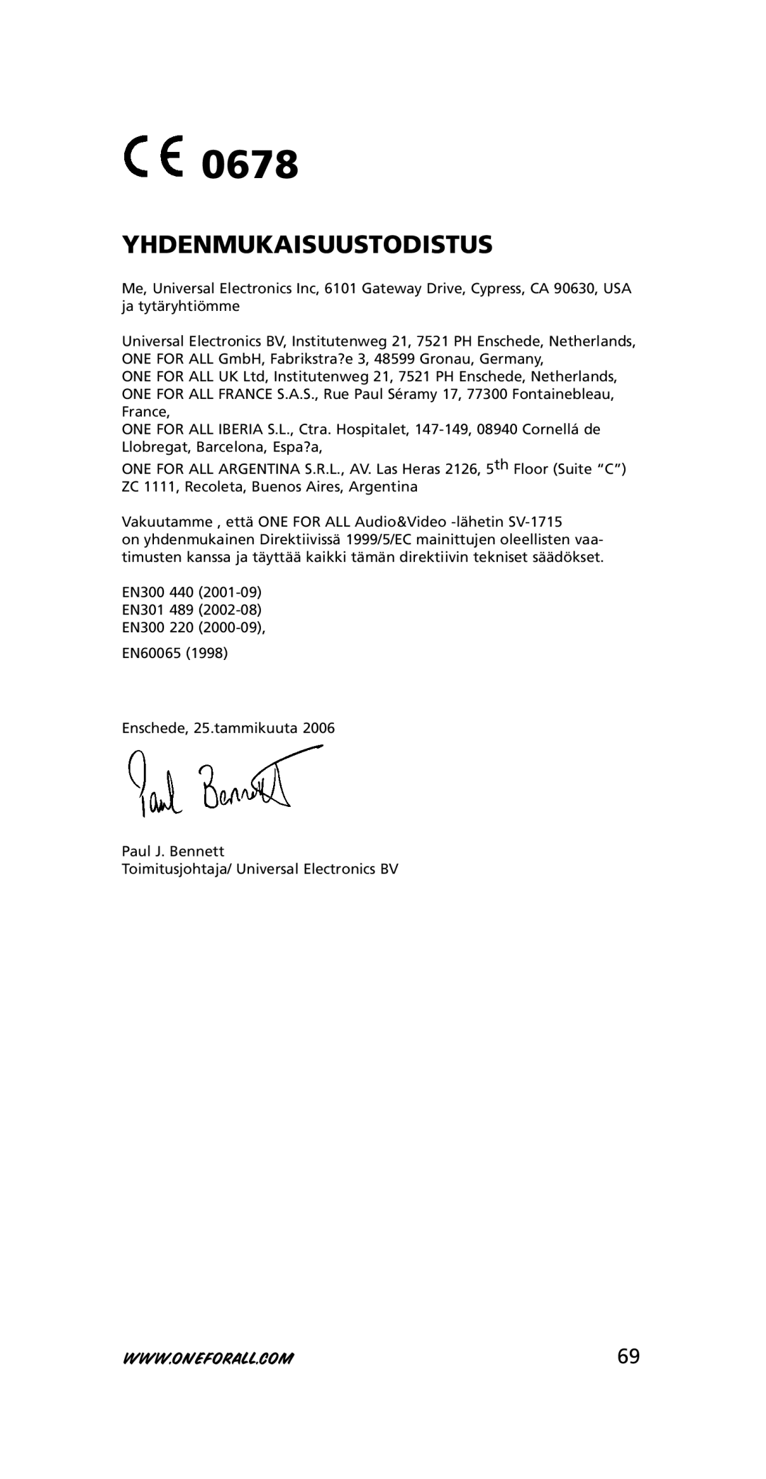 One for All SV-1715, SV-1718 instruction manual Yhdenmukaisuustodistus 