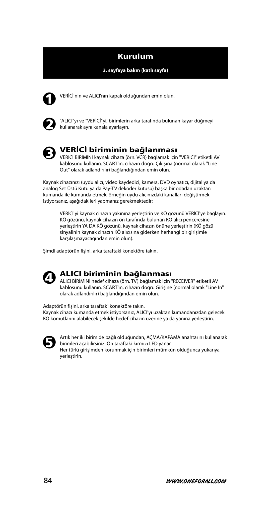 One for All SV-1718, SV-1715 Kurulum, Verİcİ biriminin bağlanması, Alici biriminin bağlanması, Sayfaya bakın katlı sayfa 