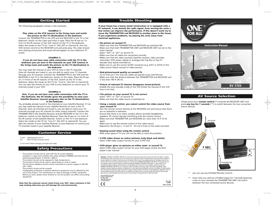 One for All SV-1725 instruction manual Getting Started, Customer Service, Safety Precautions, Trouble Shooting 