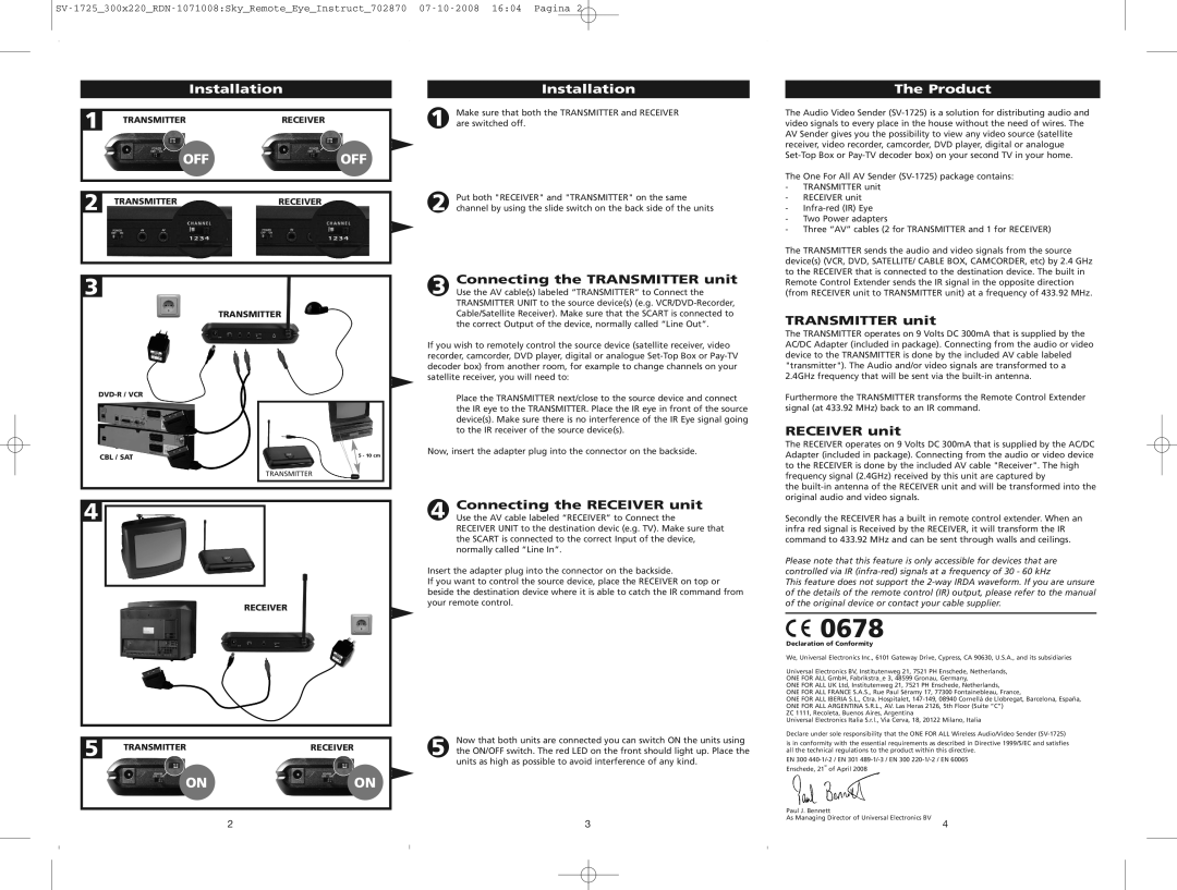 One for All SV-1725 instruction manual Offoff, Onon, Installation, Product 