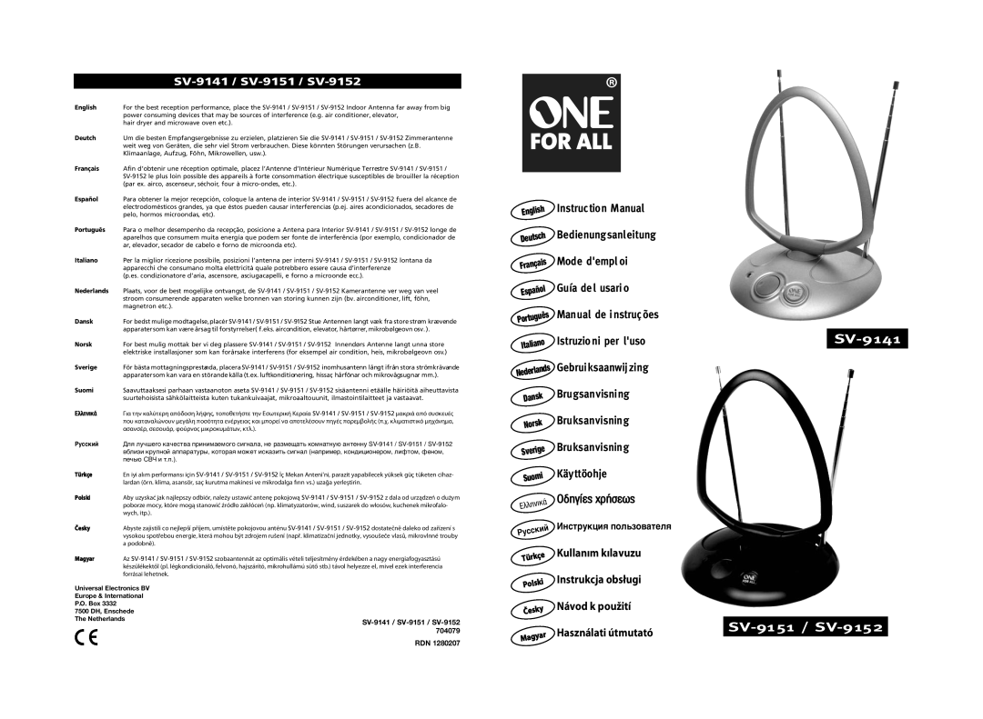 One for All SV-9151 instruction manual English, Deutch, Français, Español, Português, Italiano, Nederlands, Dansk, Norsk 