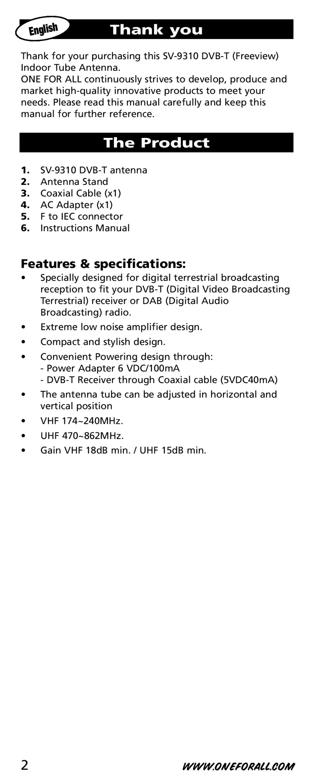 One for All SV-9310 instruction manual Thank you, Product, Features & specifications 