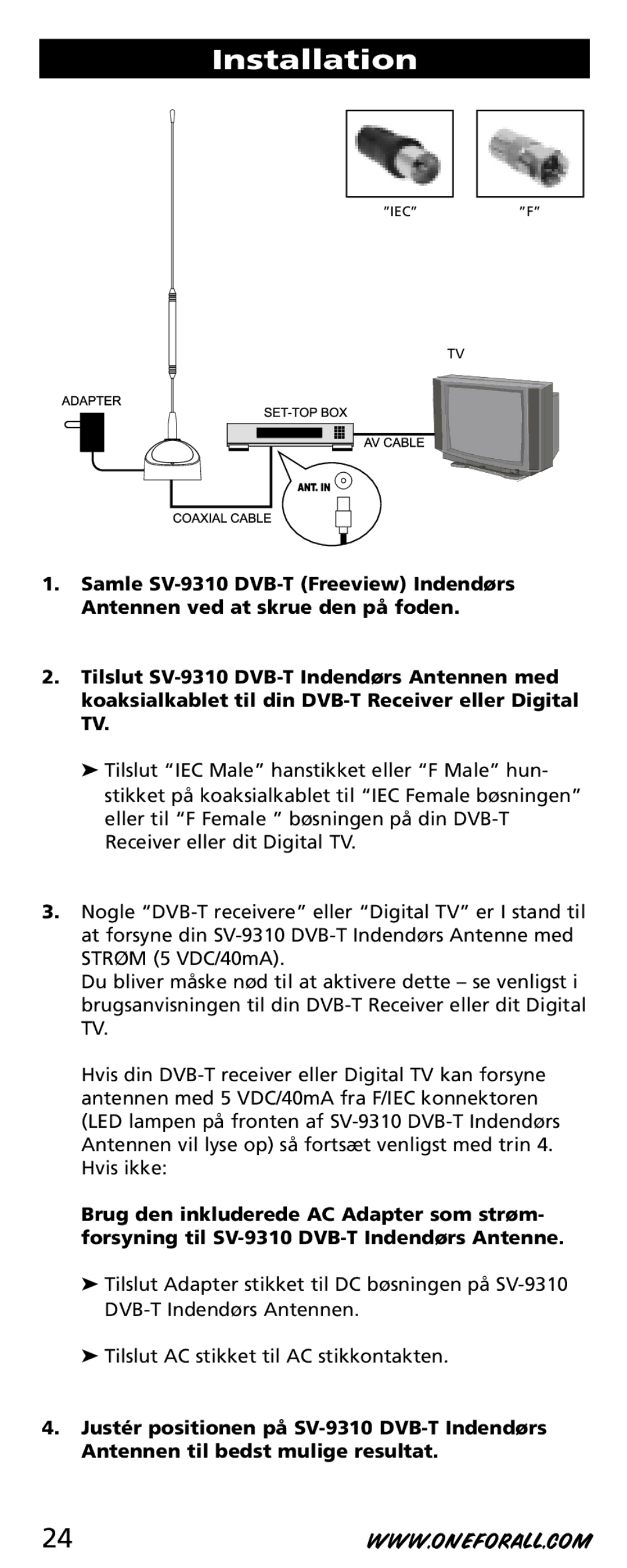 One for All SV-9310 instruction manual Installation 