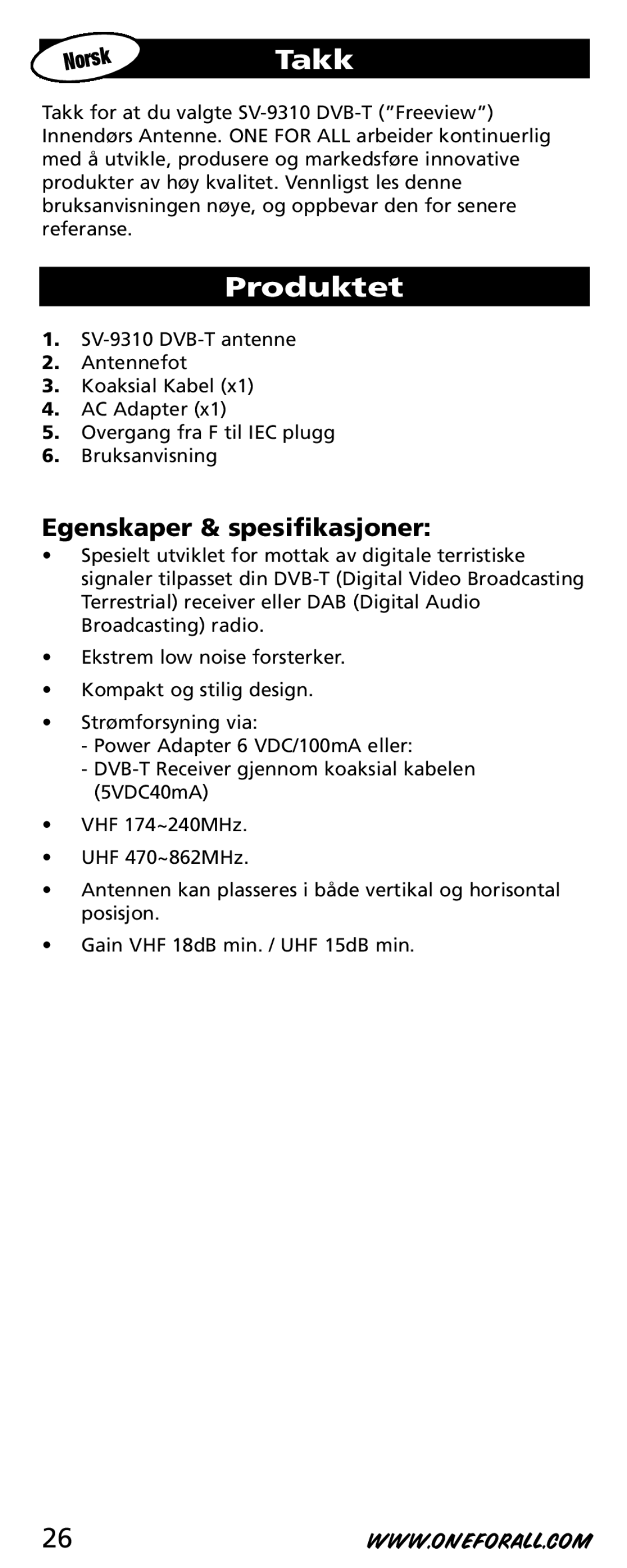 One for All SV-9310 instruction manual Takk, Egenskaper & spesifikasjoner 