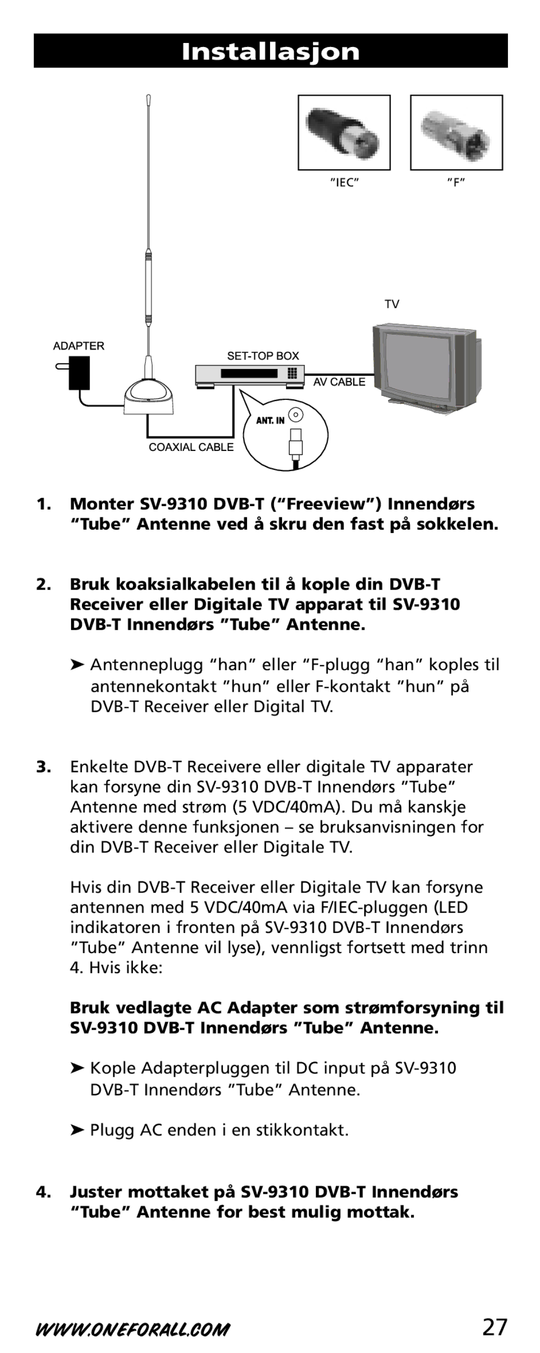 One for All SV-9310 instruction manual Installasjon 