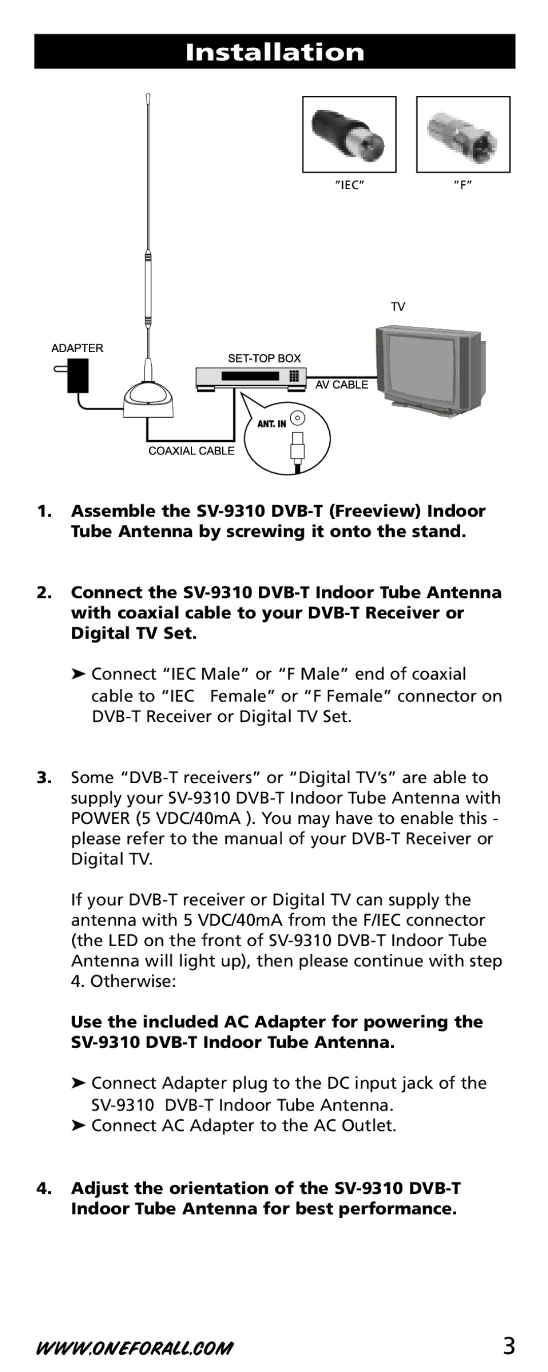 One for All SV-9310 instruction manual Installation 