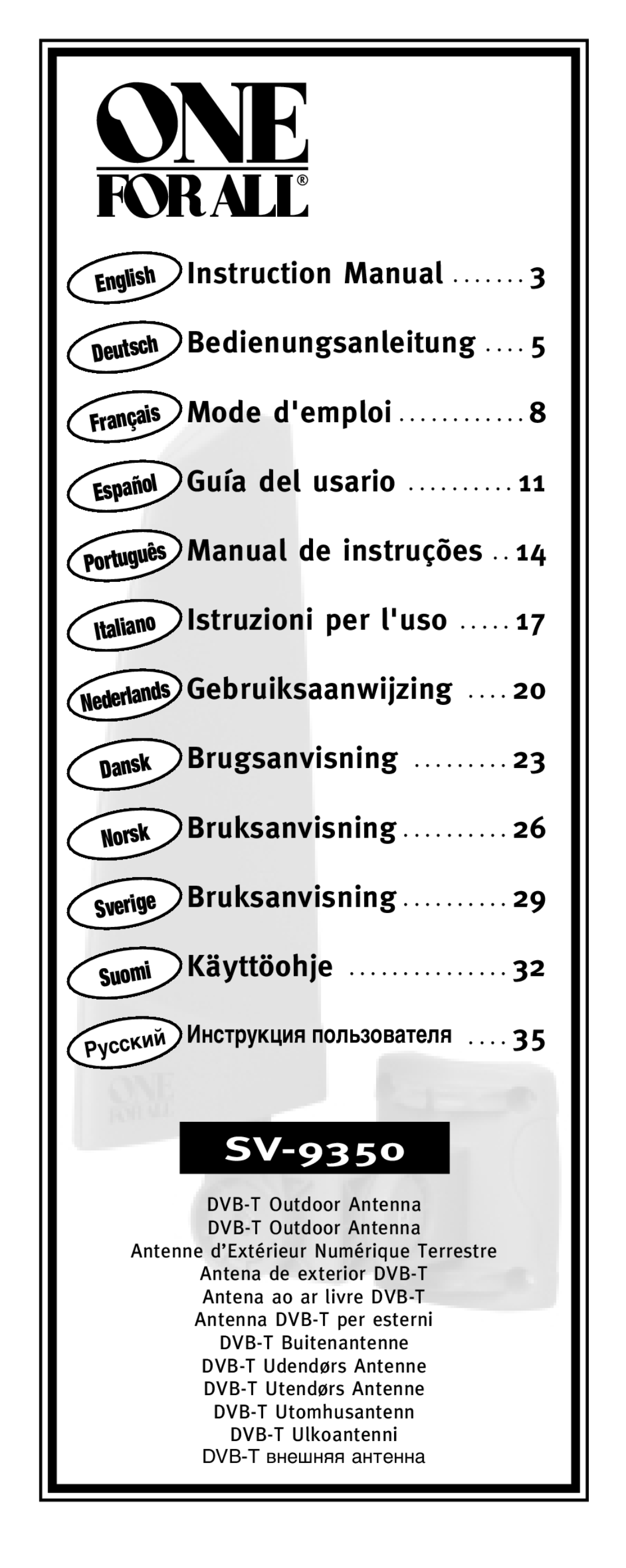 One for All SV-9350 instruction manual English, Español, Italiano, Dansk, Norsk, Sverige, Suomi, Инструкция пользователя 