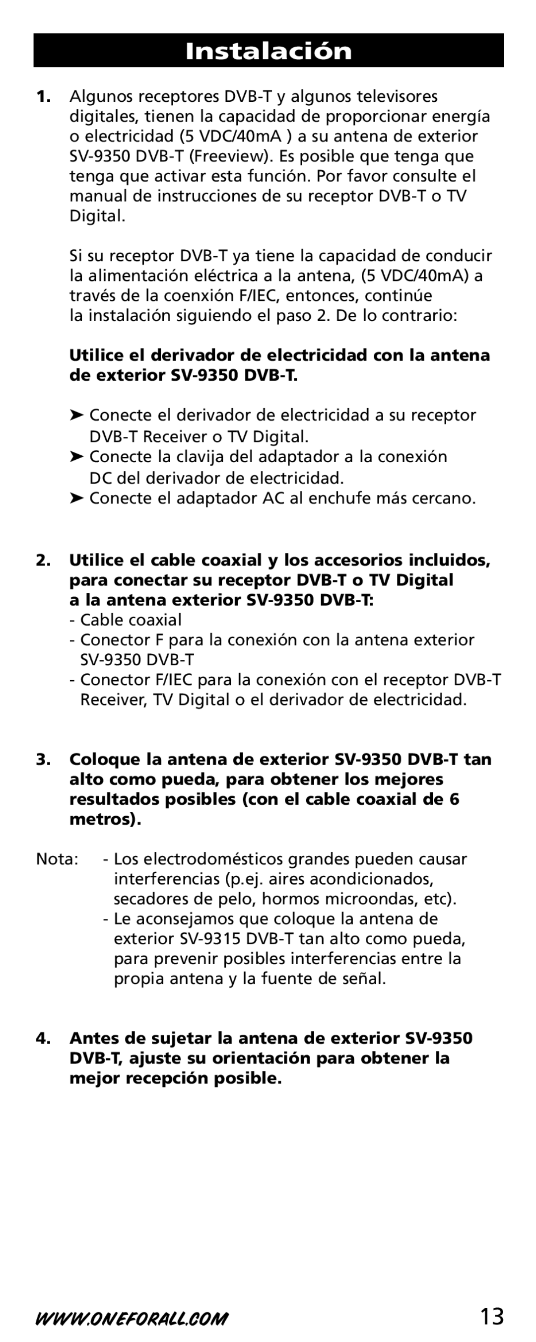 One for All SV-9350 instruction manual Instalación 