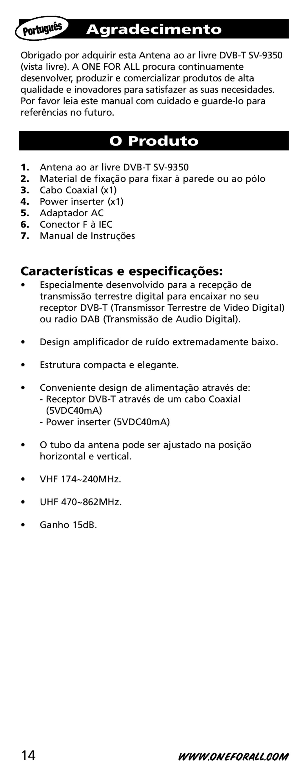 One for All SV-9350 instruction manual Agradecimento, Produto, Características e especificações 