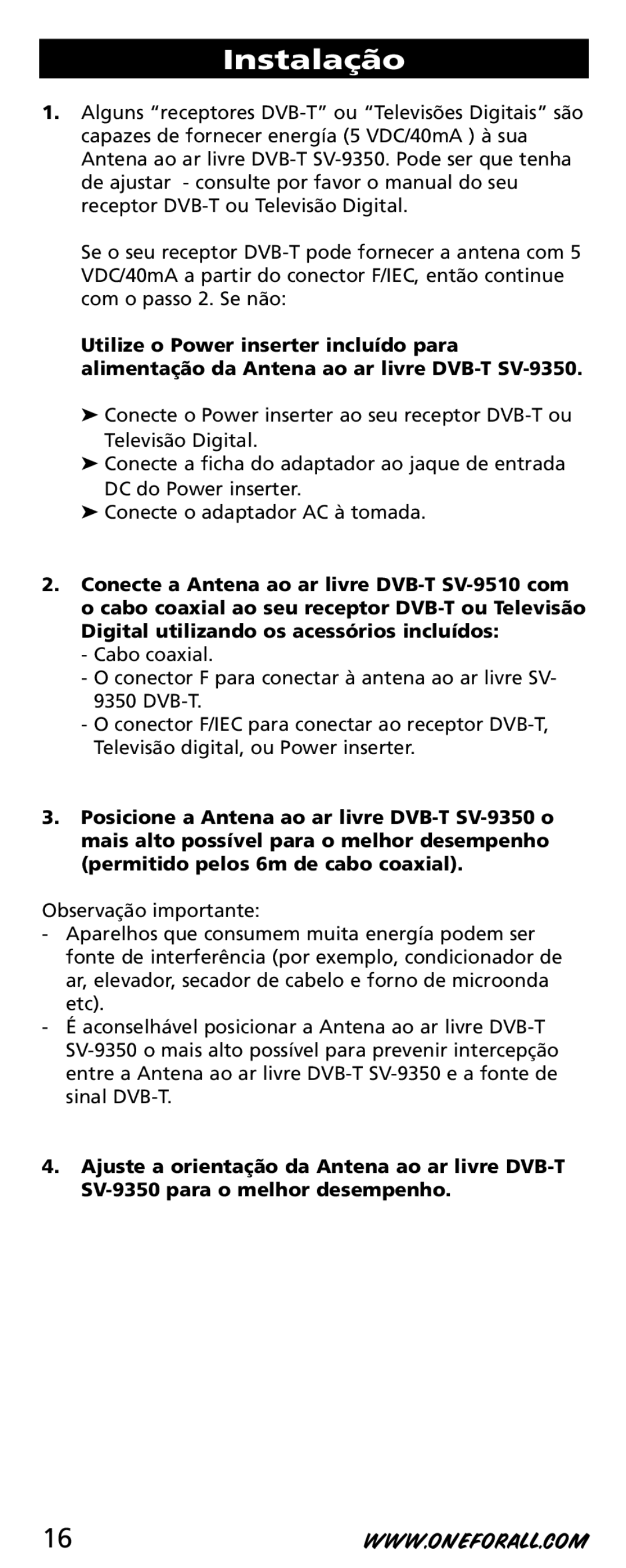 One for All SV-9350 instruction manual Instalação 