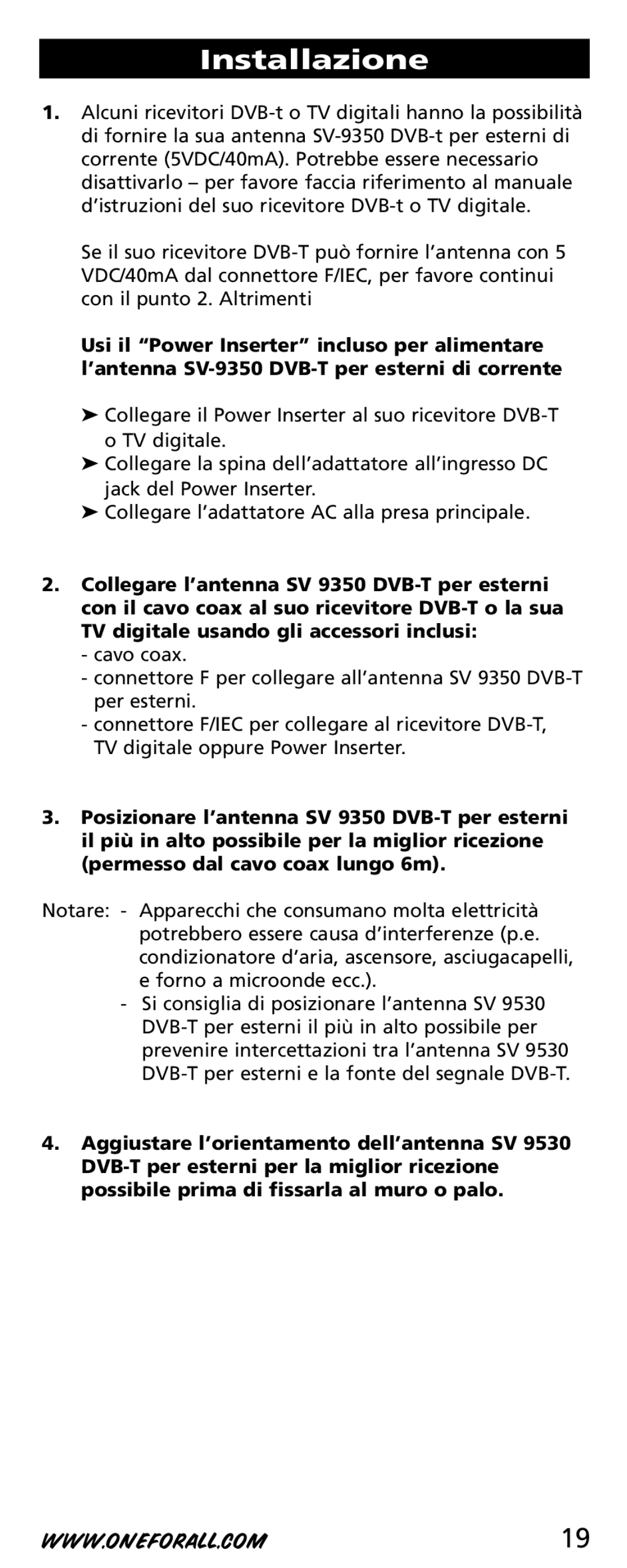 One for All SV-9350 instruction manual Installazione 