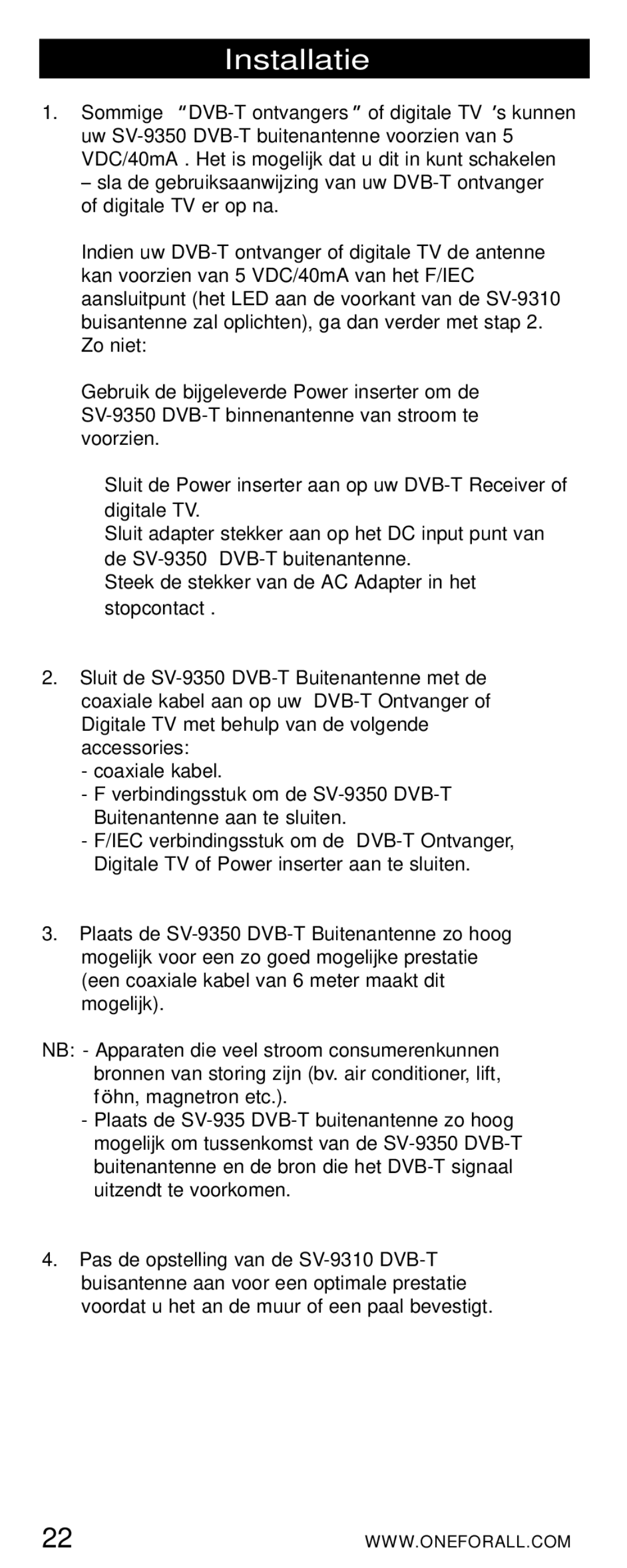 One for All SV-9350 instruction manual Installatie 