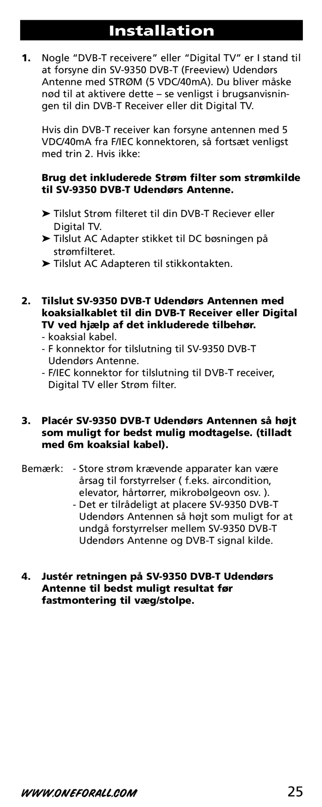 One for All SV-9350 instruction manual Installation 