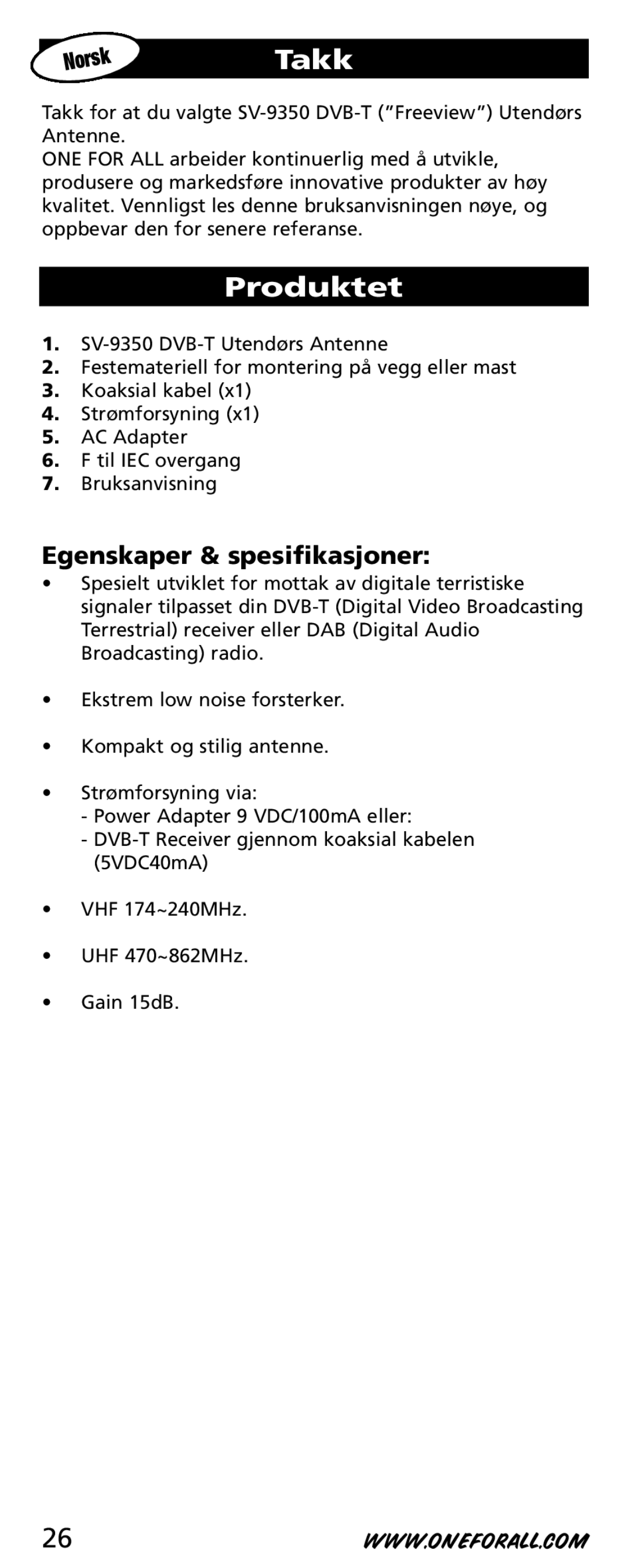 One for All SV-9350 instruction manual Takk, Egenskaper & spesifikasjoner 