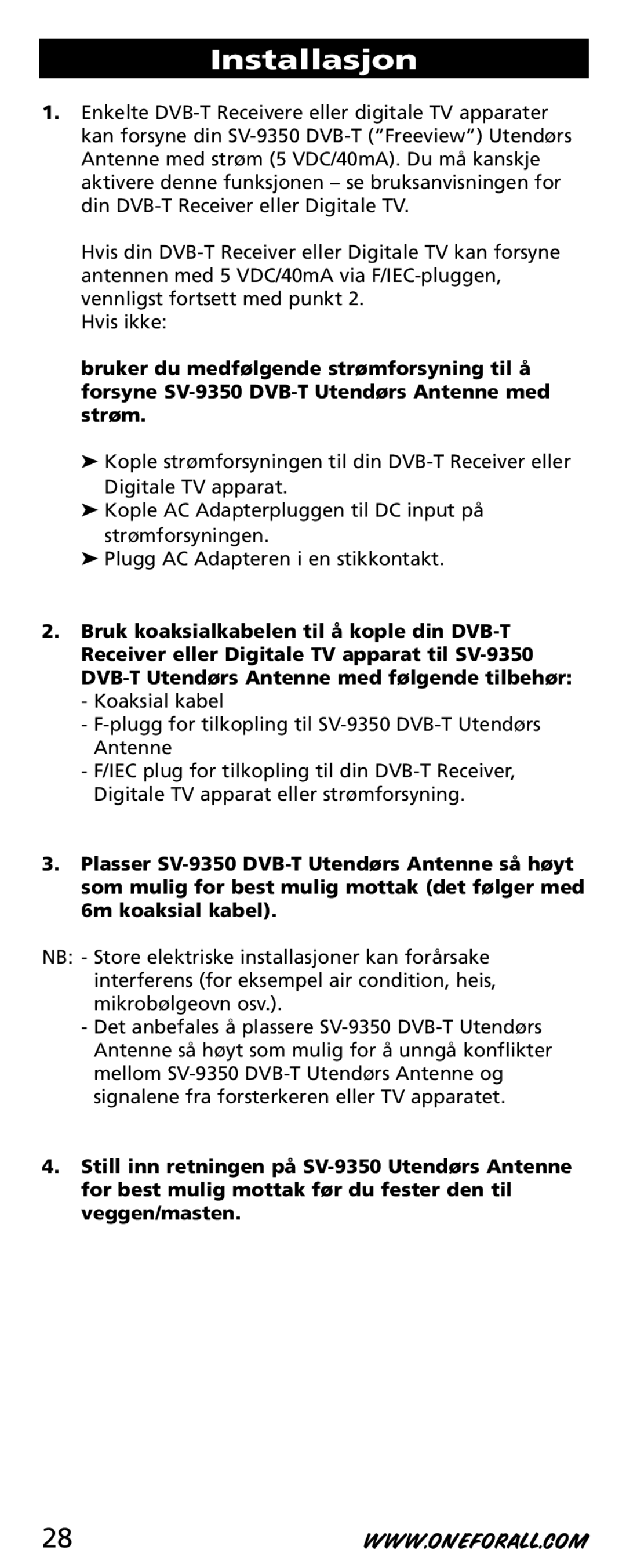 One for All SV-9350 instruction manual Installasjon 