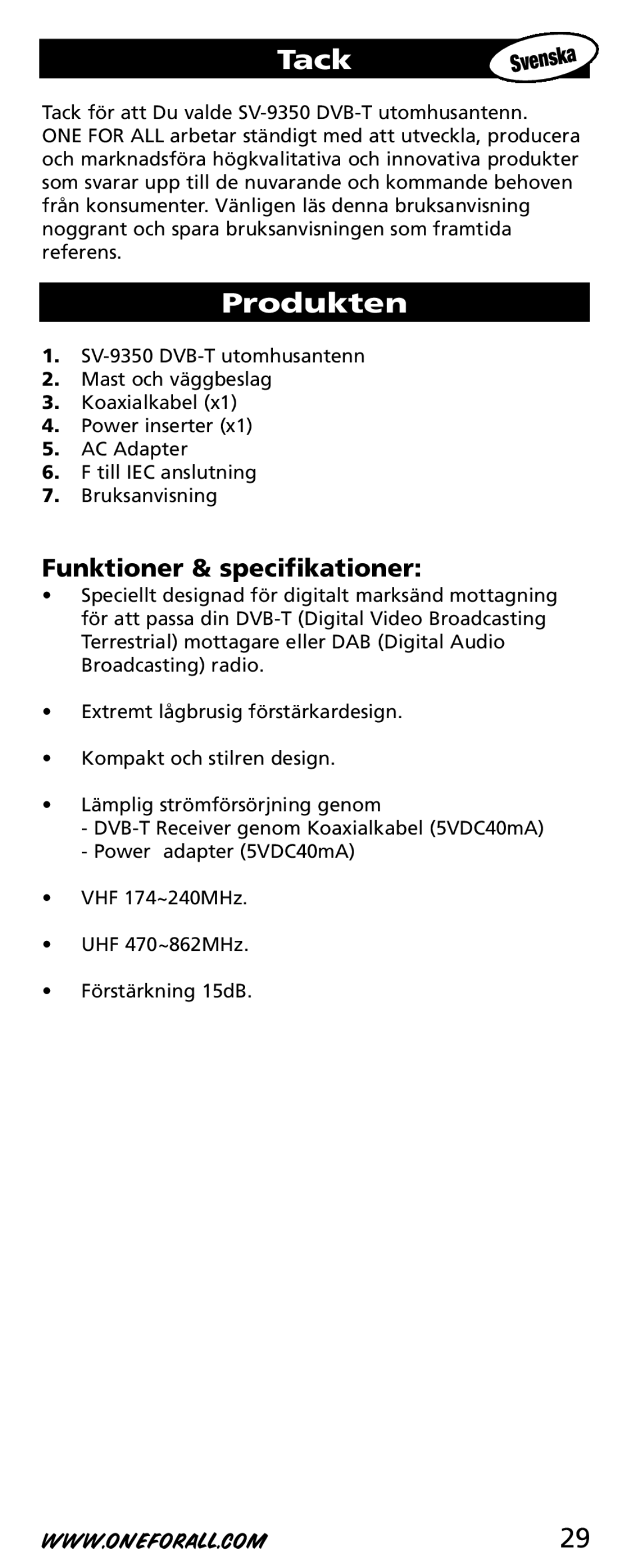 One for All SV-9350 instruction manual Tack, Produkten, Funktioner & specifikationer 