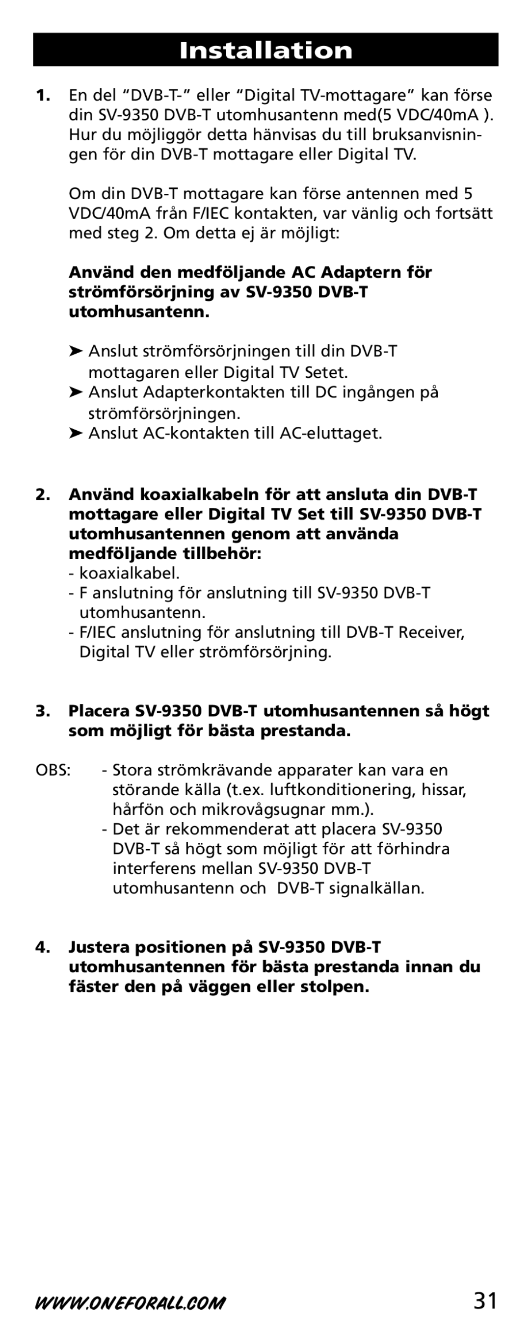 One for All SV-9350 instruction manual Obs 