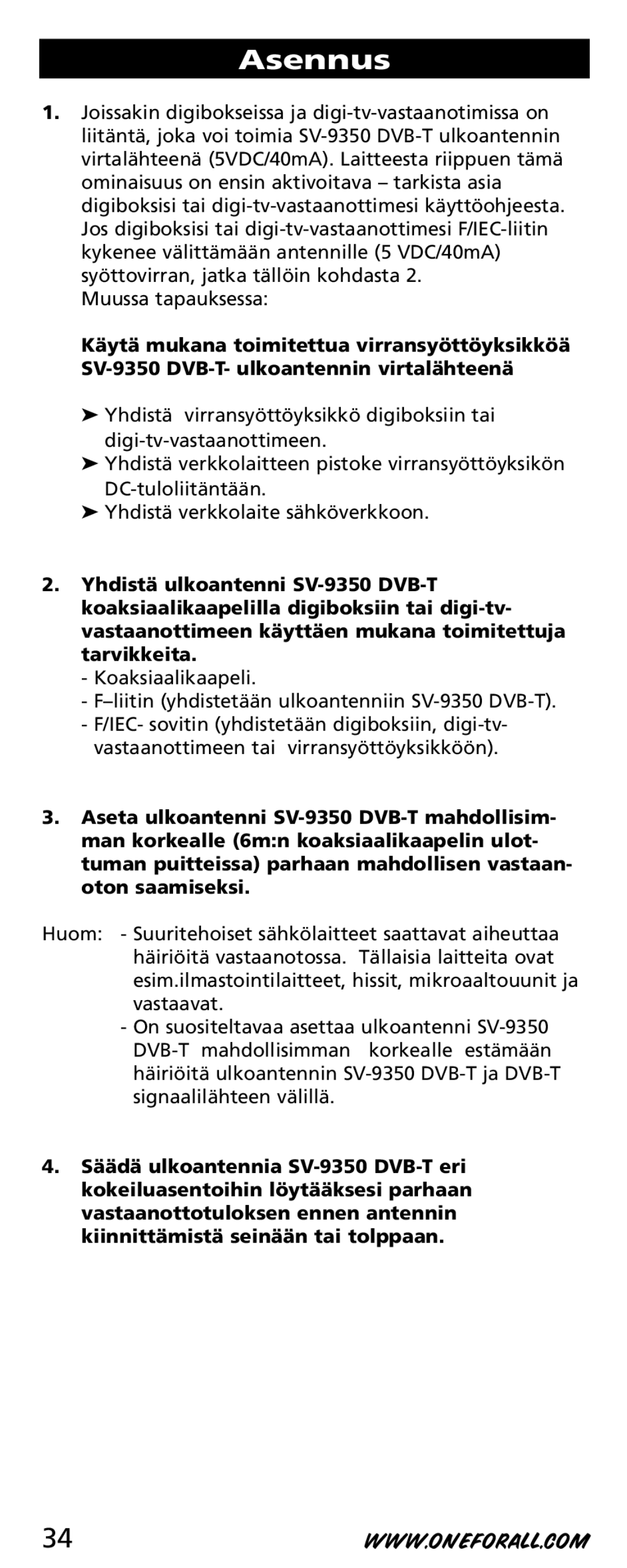 One for All SV-9350 instruction manual Asennus 