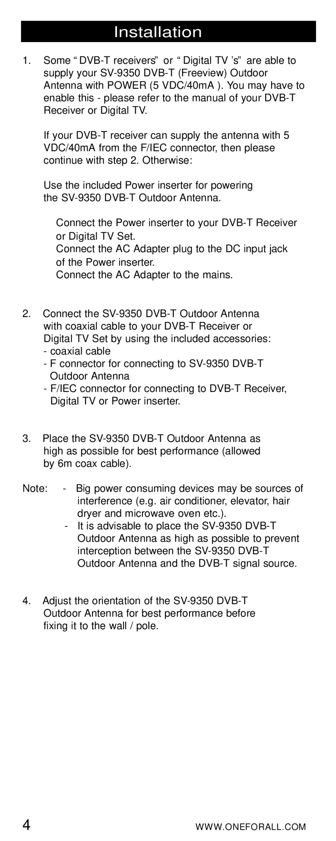 One for All SV-9350 instruction manual Installation 